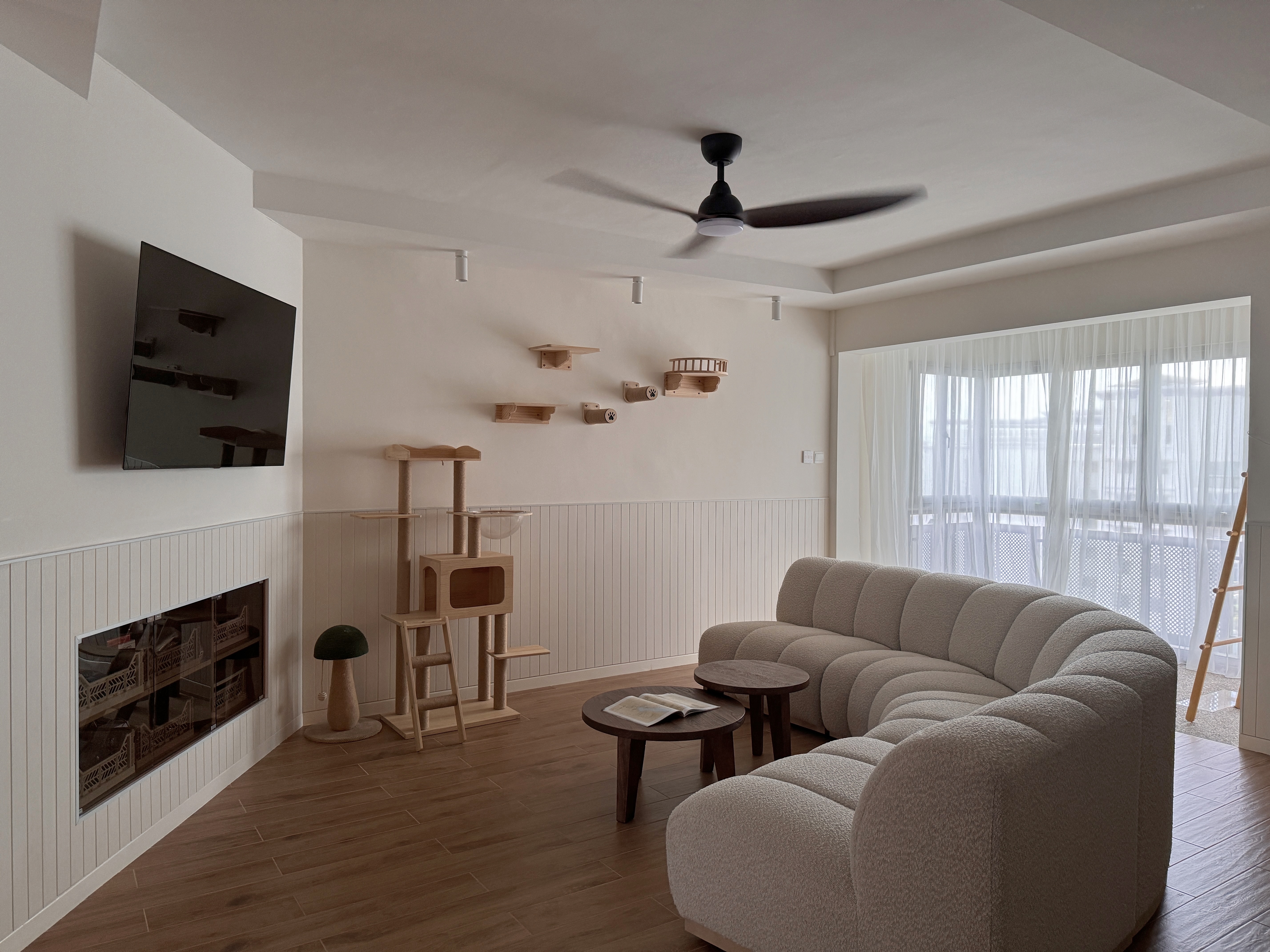 130K 5-room HDB Resale Home Tour: Warm hues, Panels, Barn door - Modern living room with minimalist design, beige sofa