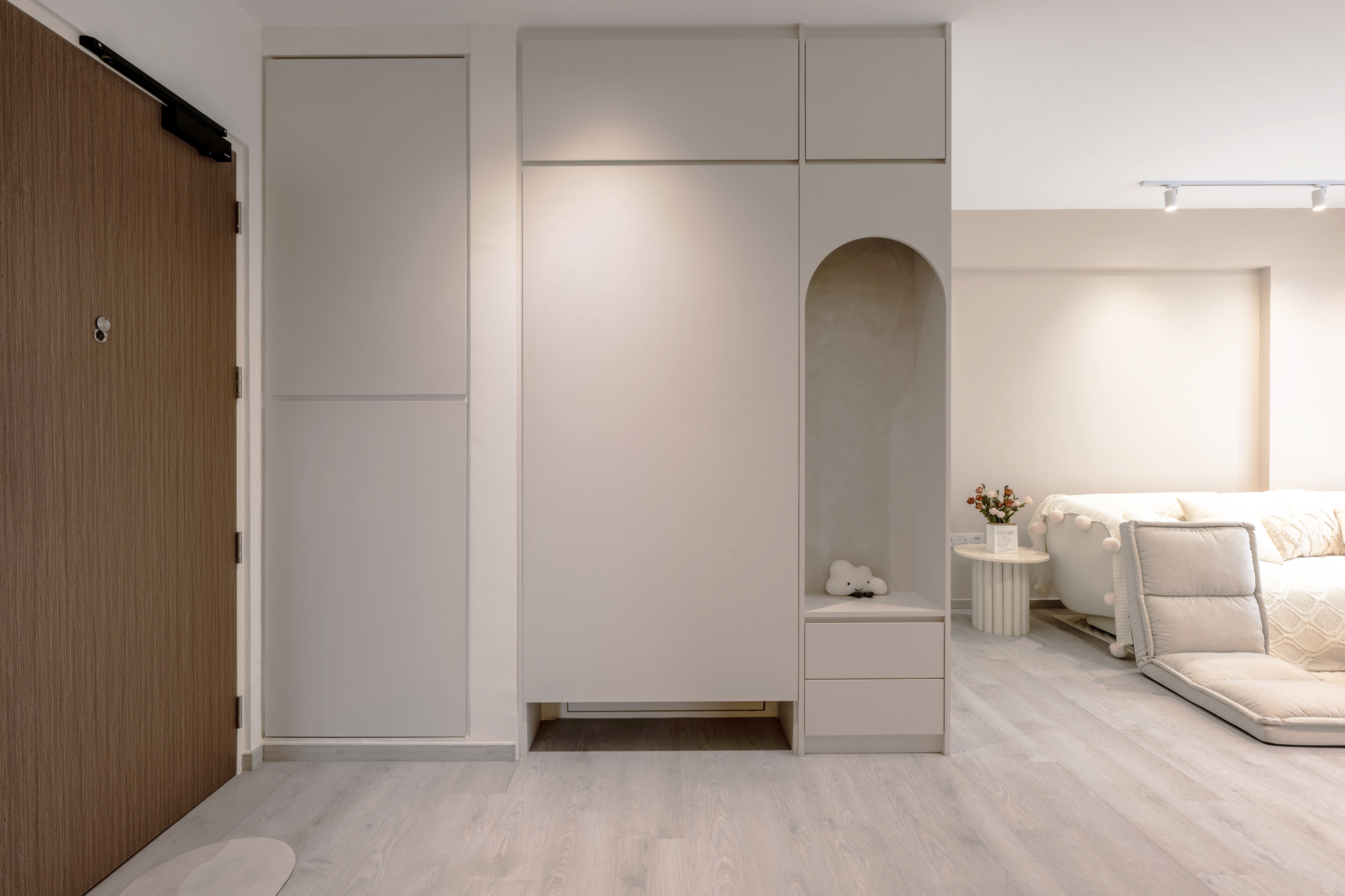 Minimalistic and cozy home for under 34k | 4-room BTO in Tengah - Wooden door, white wall, minimalist design, light-colored