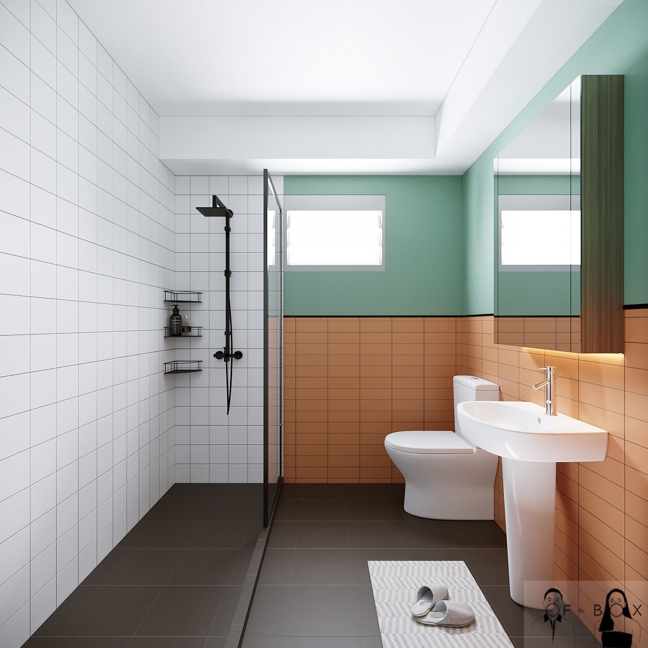 Renders vs Reality: His vs Hers Bathroom 🧼 - White tiled walls, black showerhead, glass shower enclosure, beige and green