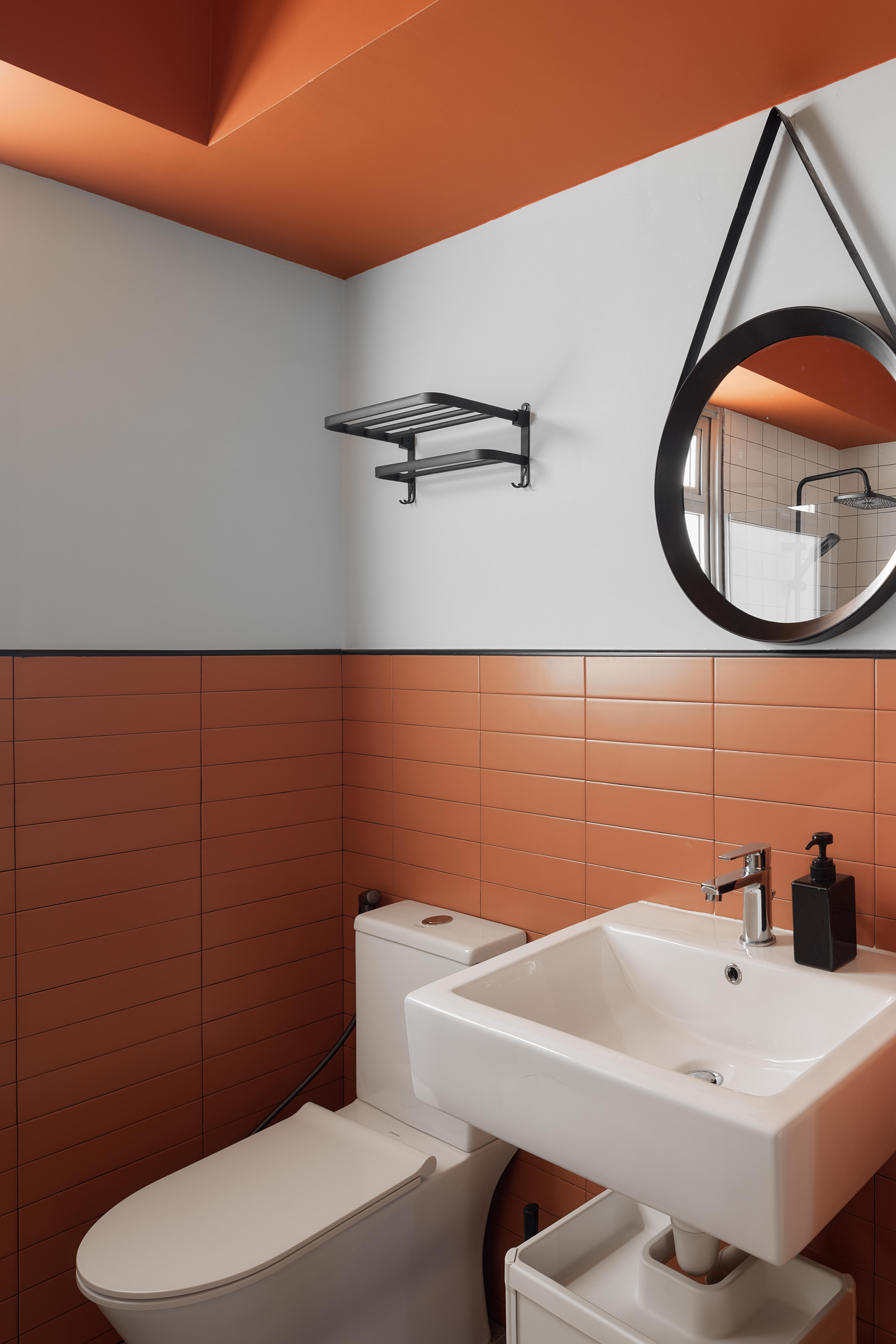 Renders vs Reality: His vs Hers Bathroom 🧼 - Modern bathroom with orange and white color scheme, minimalist design, white