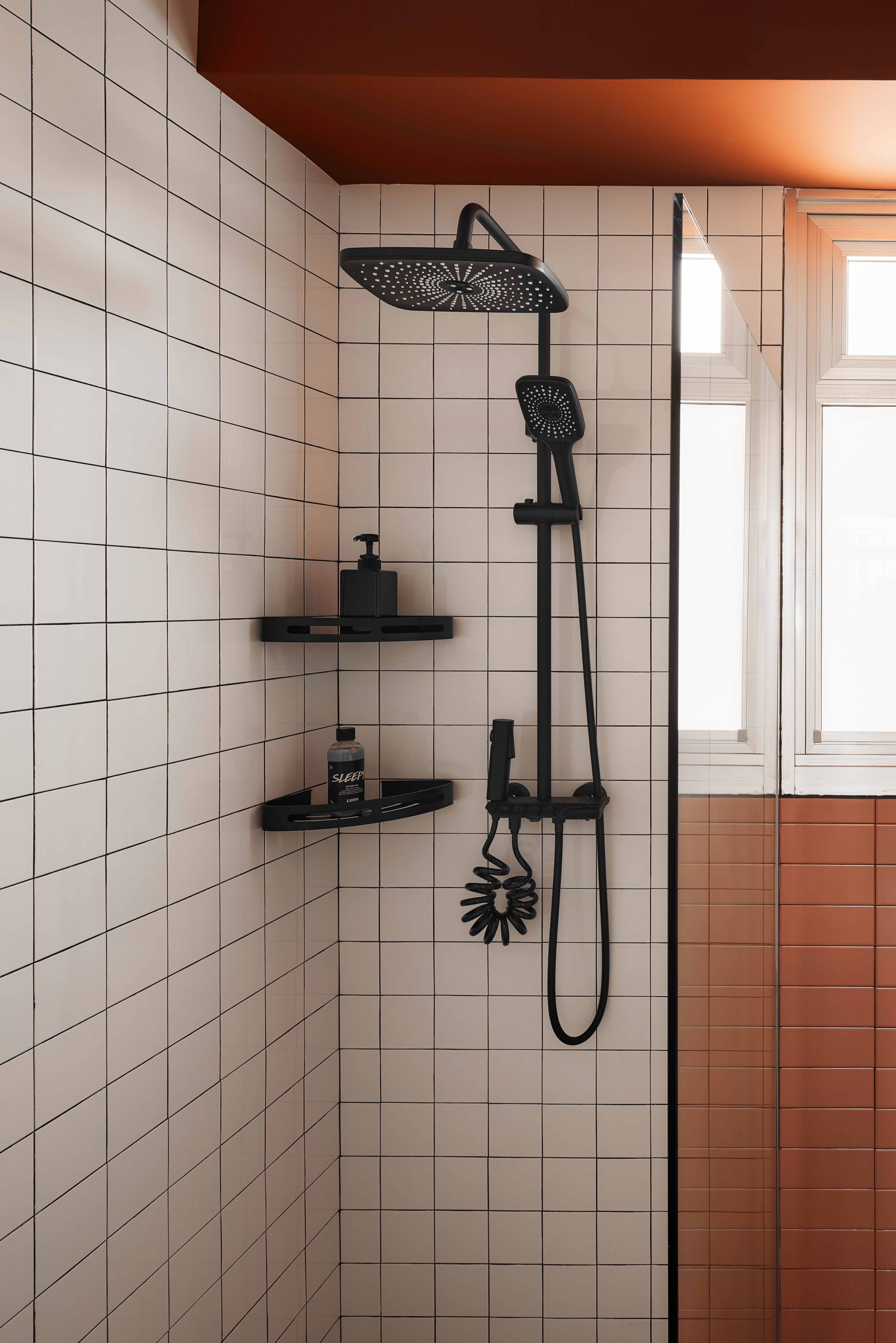 Renders vs Reality: His vs Hers Bathroom 🧼 - White tiled walls, black shower fixtures, black shelves, black showerhead