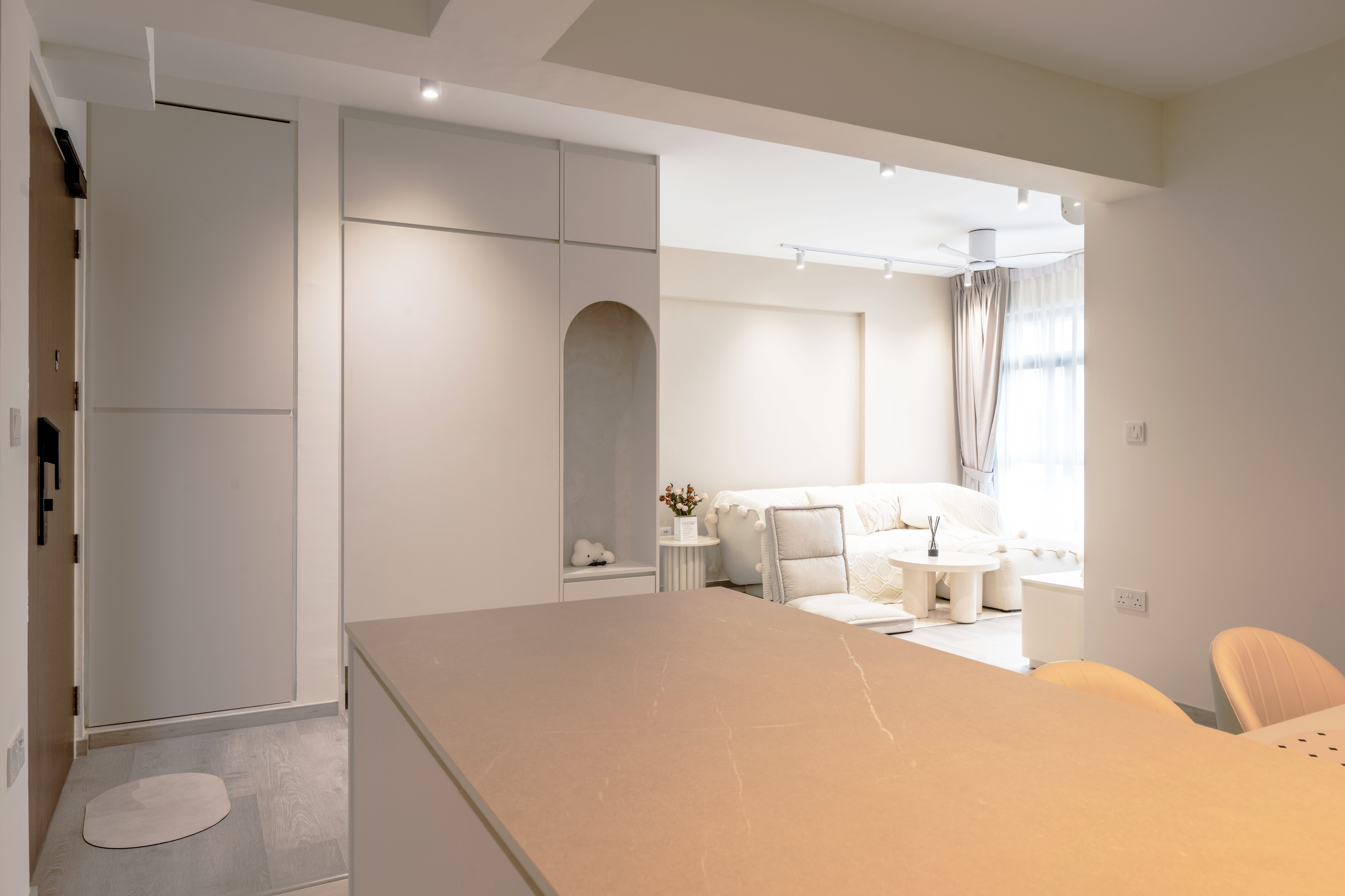 Minimalistic and cozy home for under 34k | 4-room BTO in Tengah - Modern minimalist kitchen with white cabinets, beige