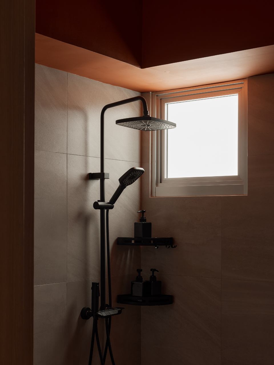 Renders vs Reality: His vs Hers Bathroom 🧼 - Modern minimalist shower, sleek black fixtures, beige tiled walls, natural