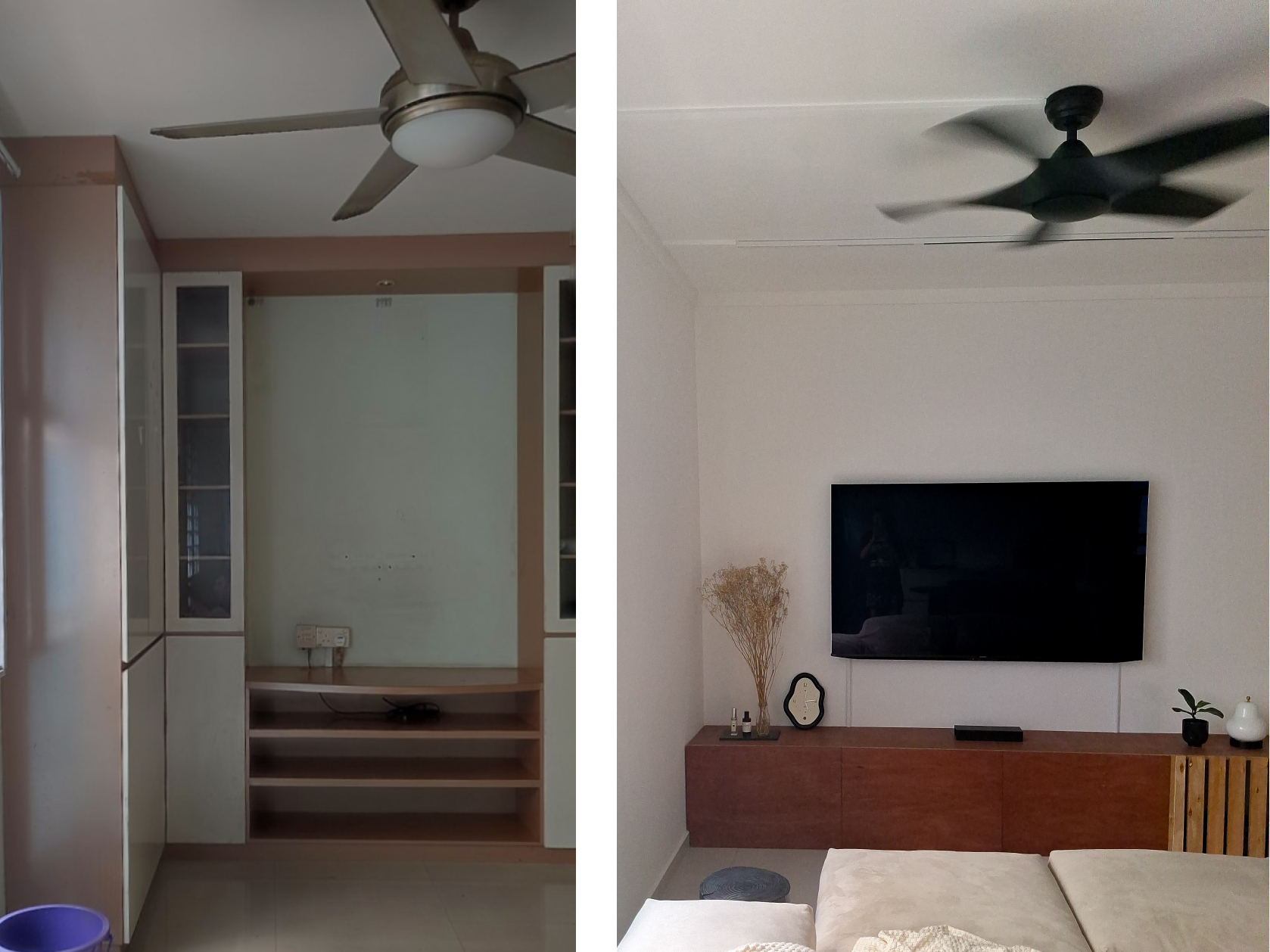 Before & After: The roooms - Modern minimalist living room, ceiling fan ceiling, dual ceiling fans, white walls