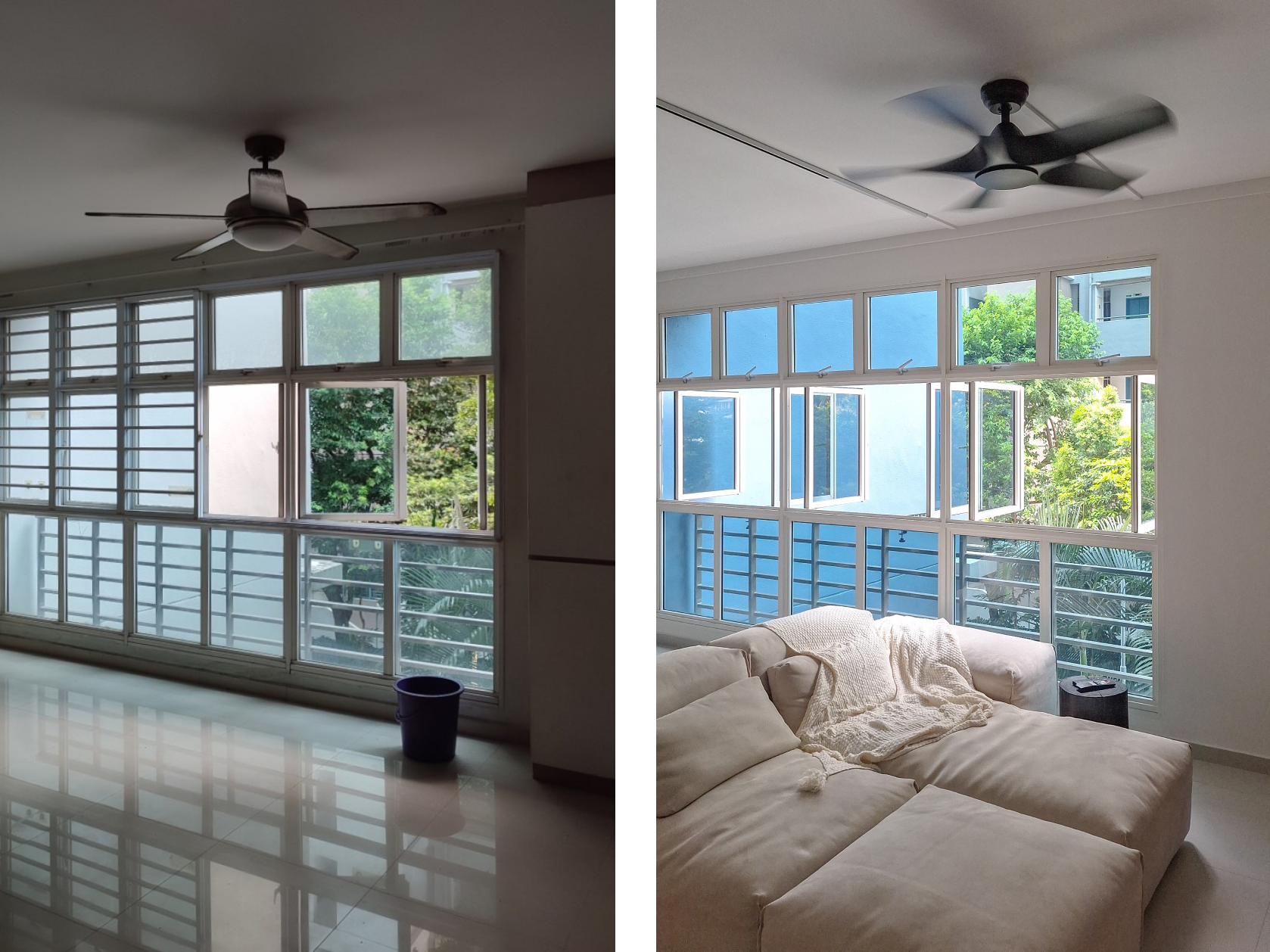 Before & After: The roooms - Large windows, ceiling fan, beige sofa, white walls, bright daylight, outdoor view, glass panes