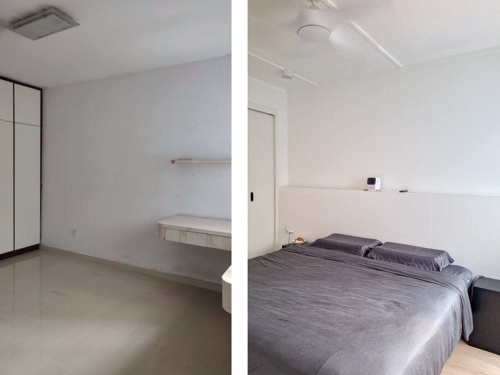 Before & After: The roooms - Minimalist bedroom, modern design, white walls, ceiling fan, open shelving, wooden desk, gray