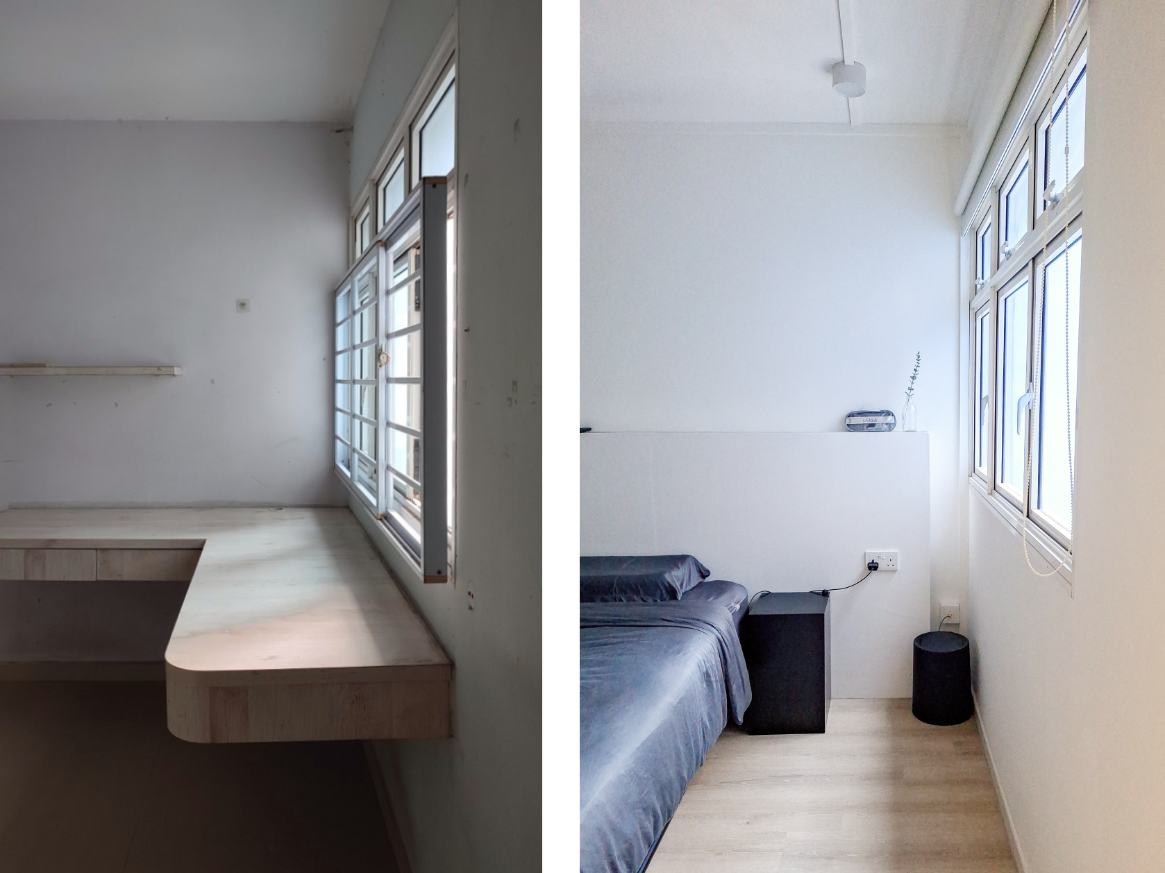Before & After: The roooms - Minimalist bedroom, modern design, open plan, large windows, natural light, wooden bench