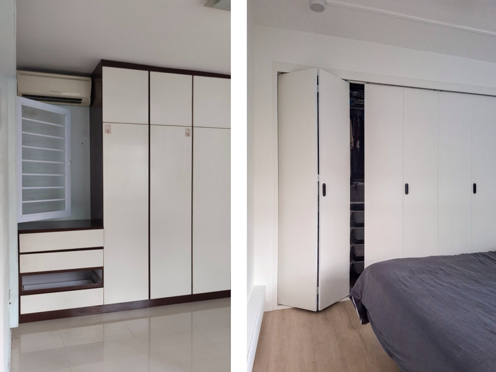 Before & After: The roooms - White wardrobe with dark brown accents, minimalist design, open and closed states, light-colored