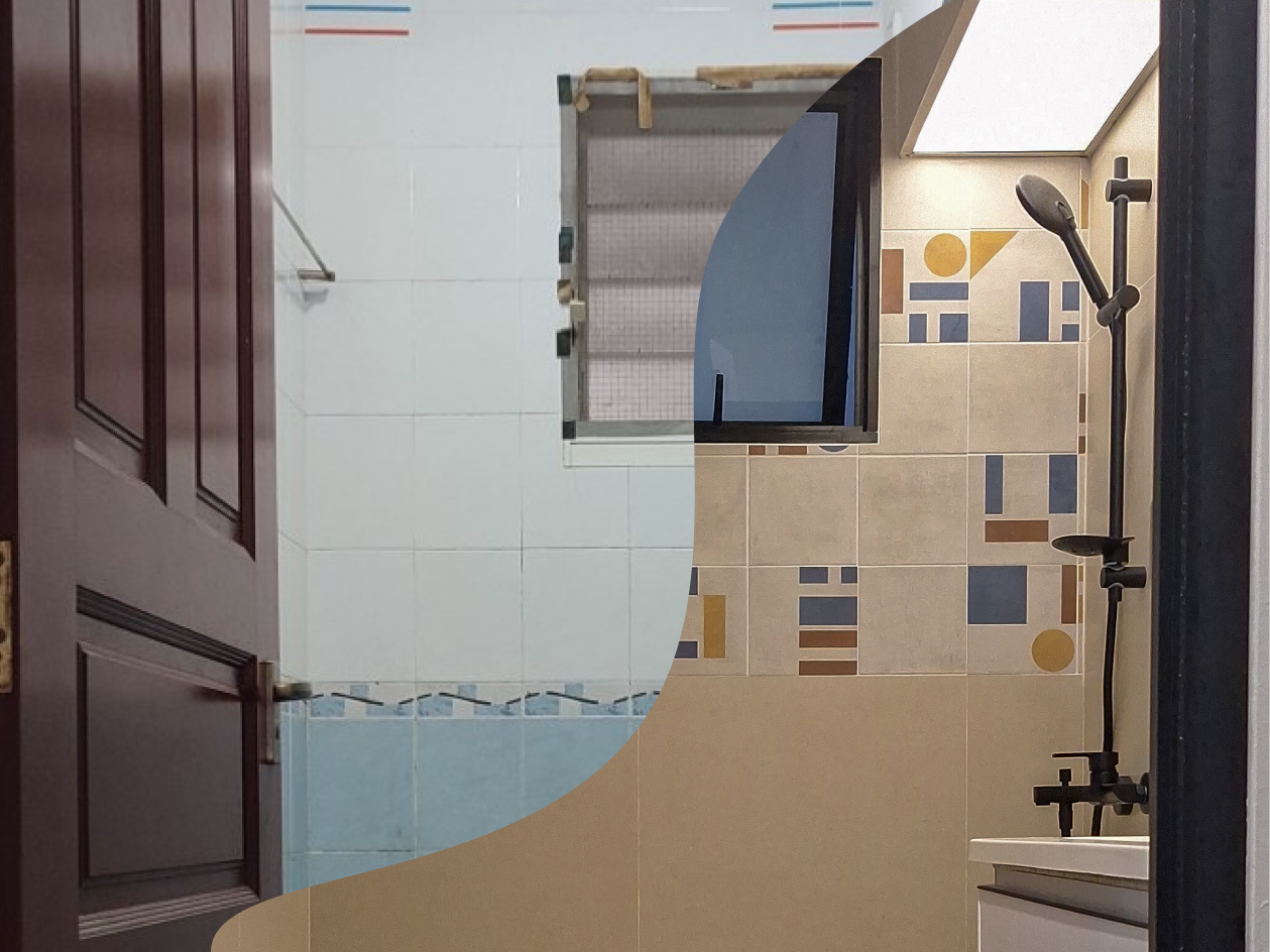 Before & After: Bathroom overhaul - Bathroom interior, tiled walls, abstract pattern, geometric tiles, modern design, shower