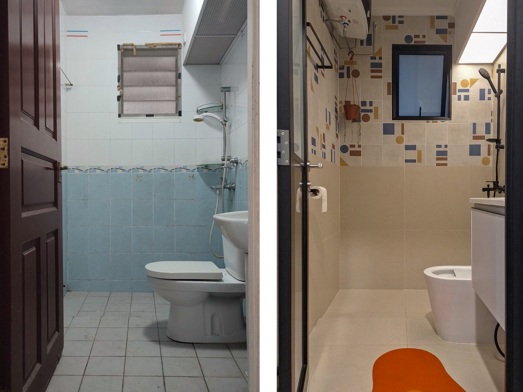 Before & After: Bathroom overhaul - Modern bathroom with sleek design, beige and blue tiles, white toilet, glass shower