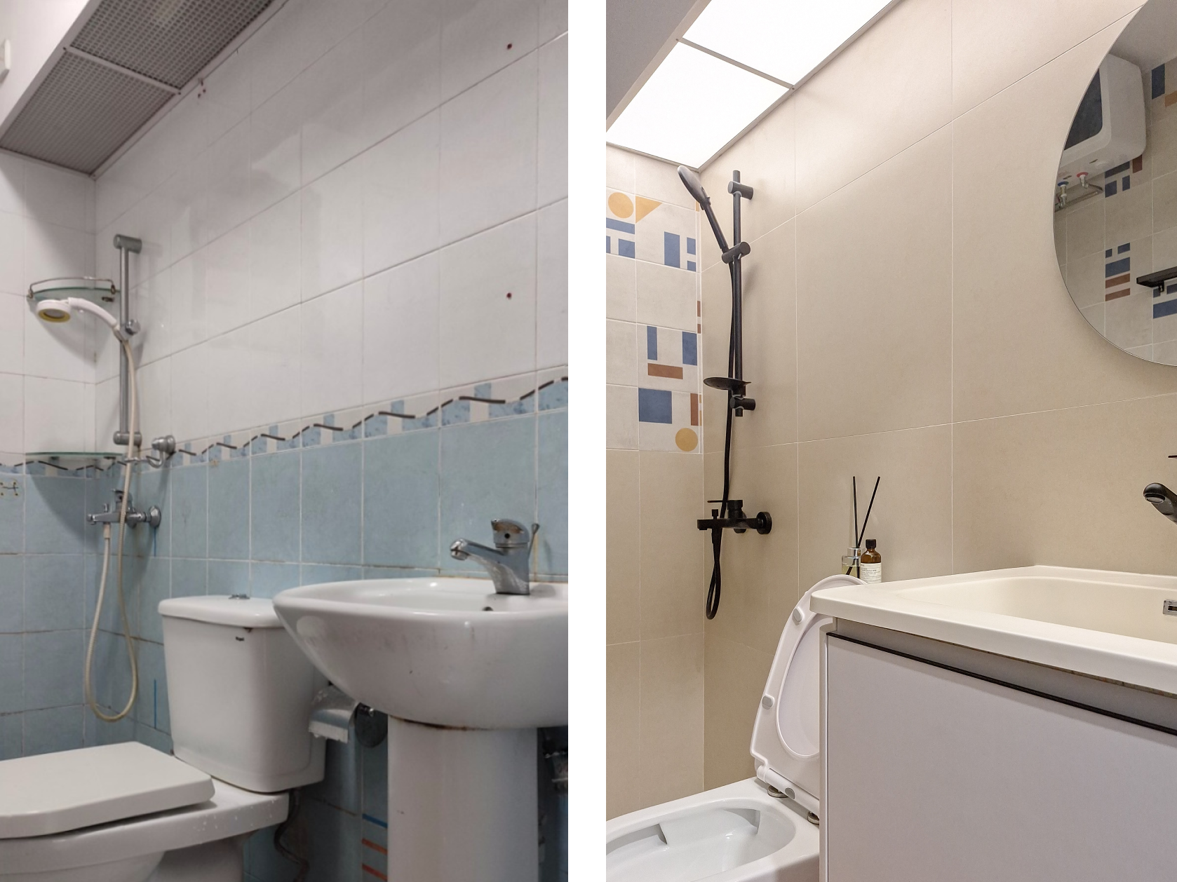 Before & After: Bathroom overhaul - Modern bathroom, dual sinks, white fixtures, tiled walls, blue and beige color scheme