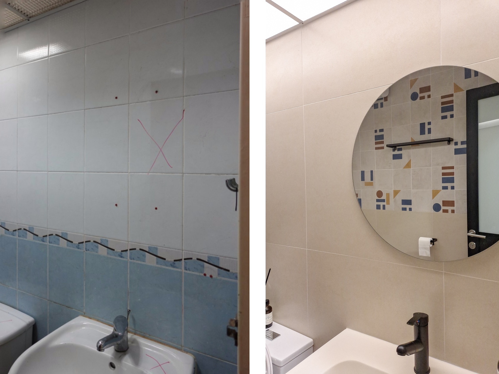 Before & After: Bathroom overhaul - Modern bathroom, tiled walls, abstract pattern, circular mirror, minimalist design, white
