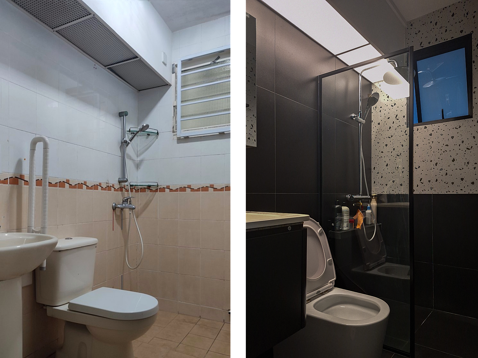 Before & After: Bathroom overhaul - Modern bathroom, dual shower and toilet, tiled walls, black and white color scheme, dual