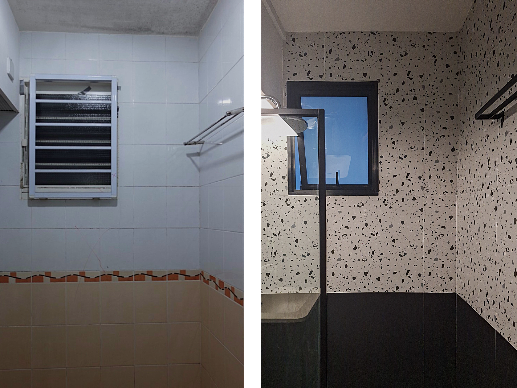 Before & After: Bathroom overhaul - White tiled walls, black window frame, speckled pattern, black showerhead, white air