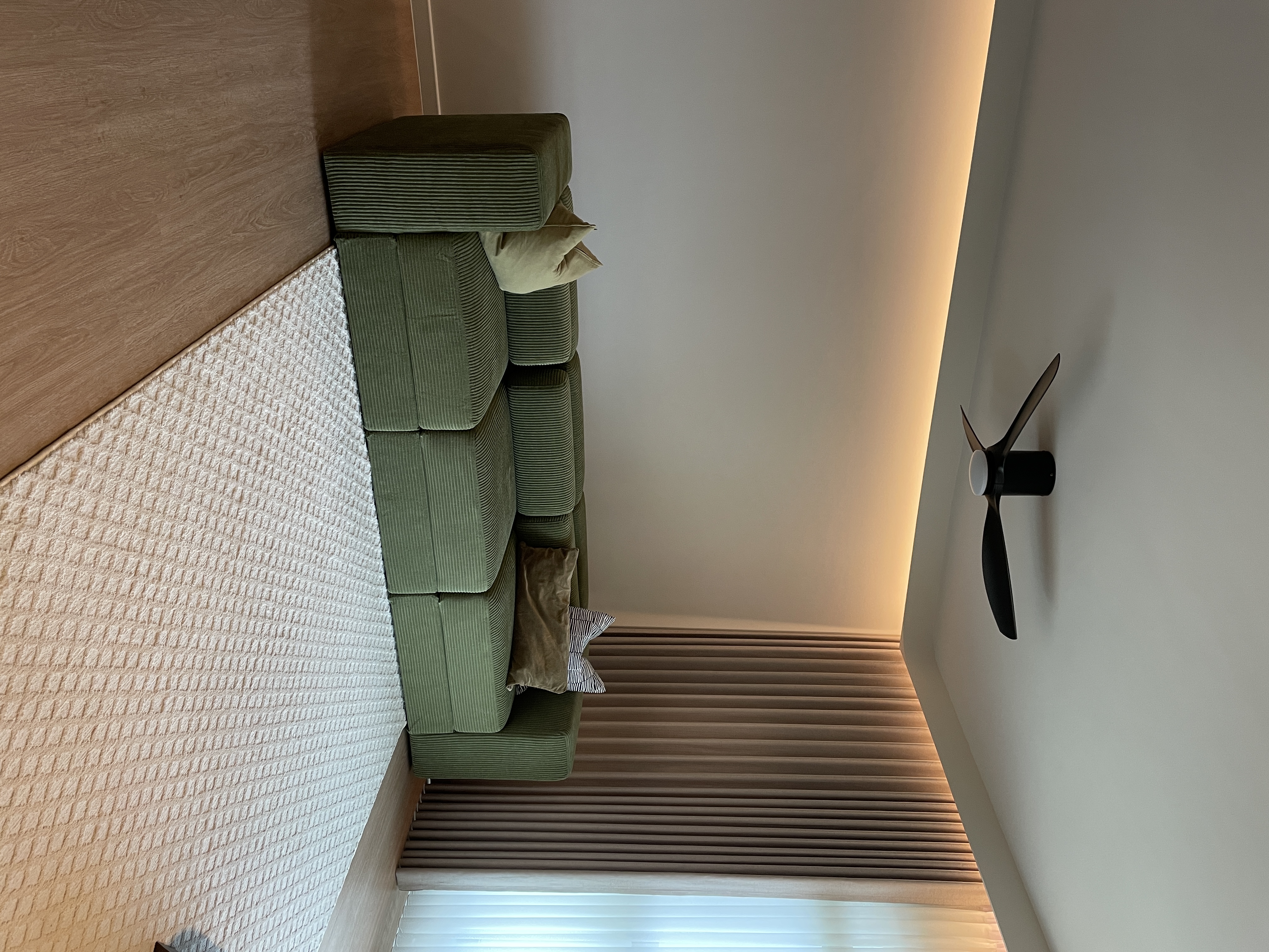 Living Room: Designing our living room around 70s -esque Green Sofa  - Green upholstered seating, textured wall, wooden