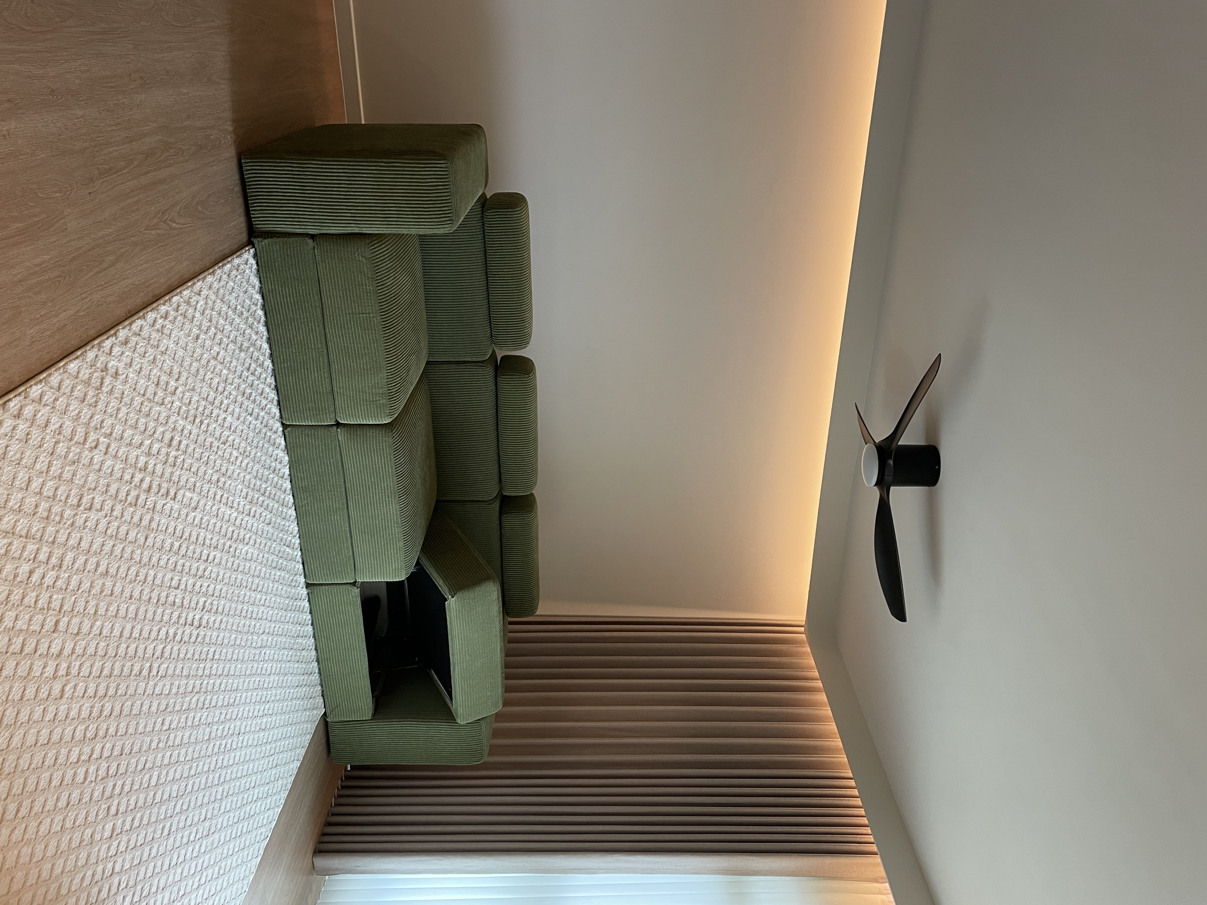 Living Room: Designing our living room around 70s -esque Green Sofa  - Green, cubicle-like structure, modern design