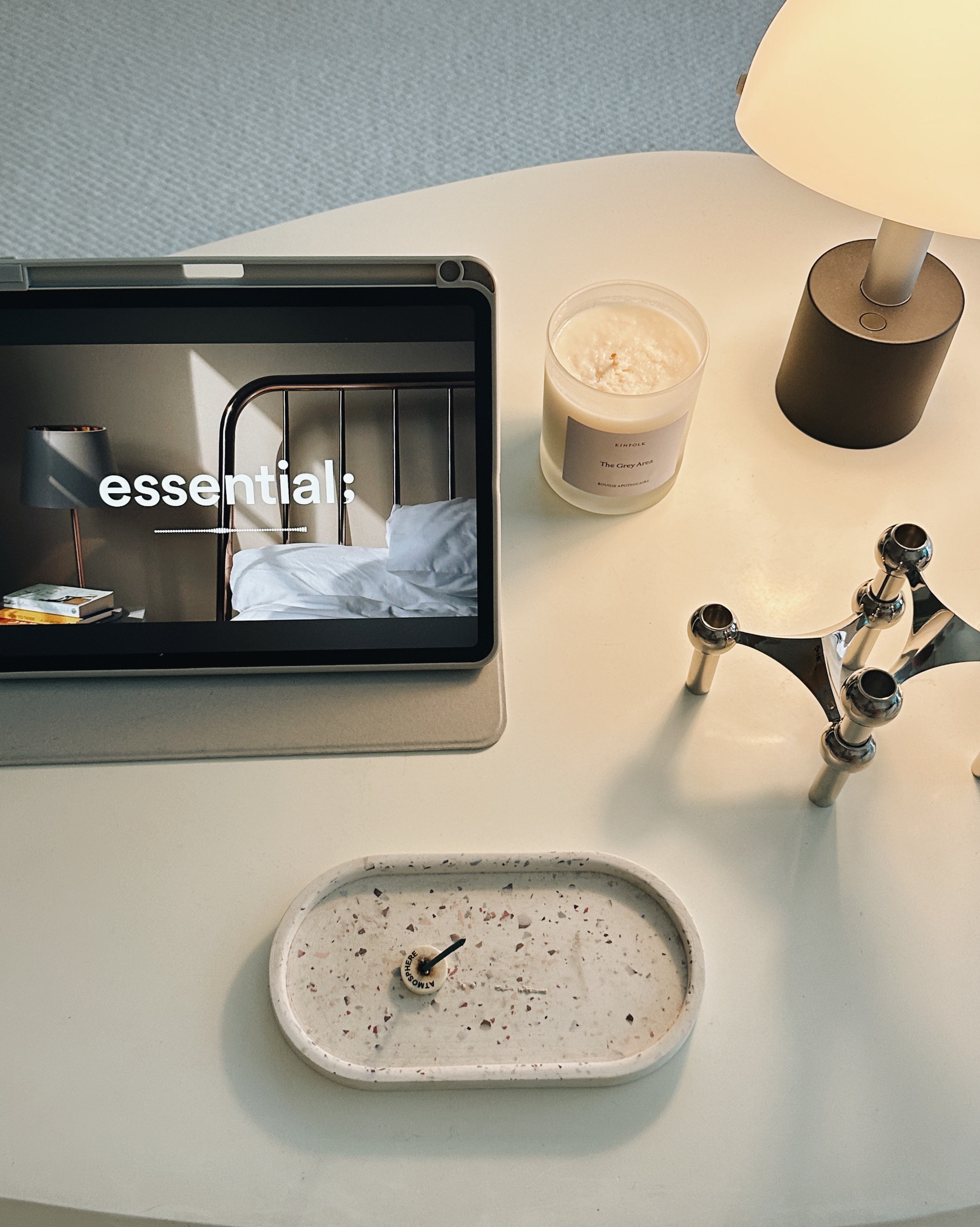 Inside a Warm Minimalist 3-Bedder Condo - digital detox, minimalist design, modern workspace, tablet with essential message