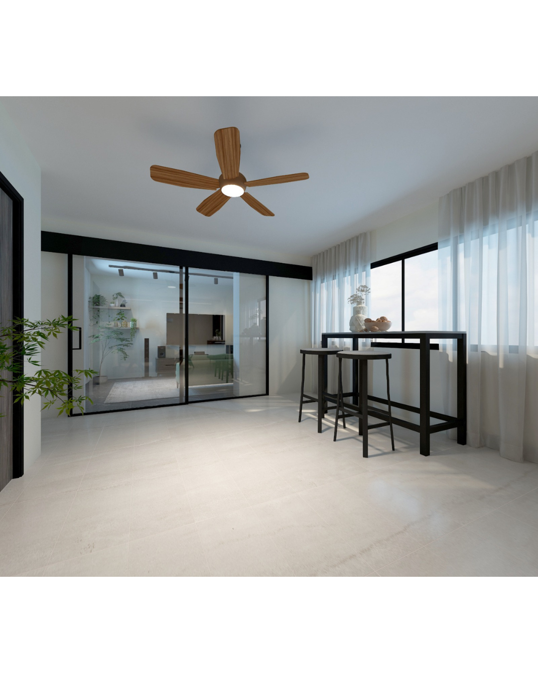 From Before to After: Our Common Area Glow-Up - Modern minimalist interior, sleek ceiling fan, large windows, natural light