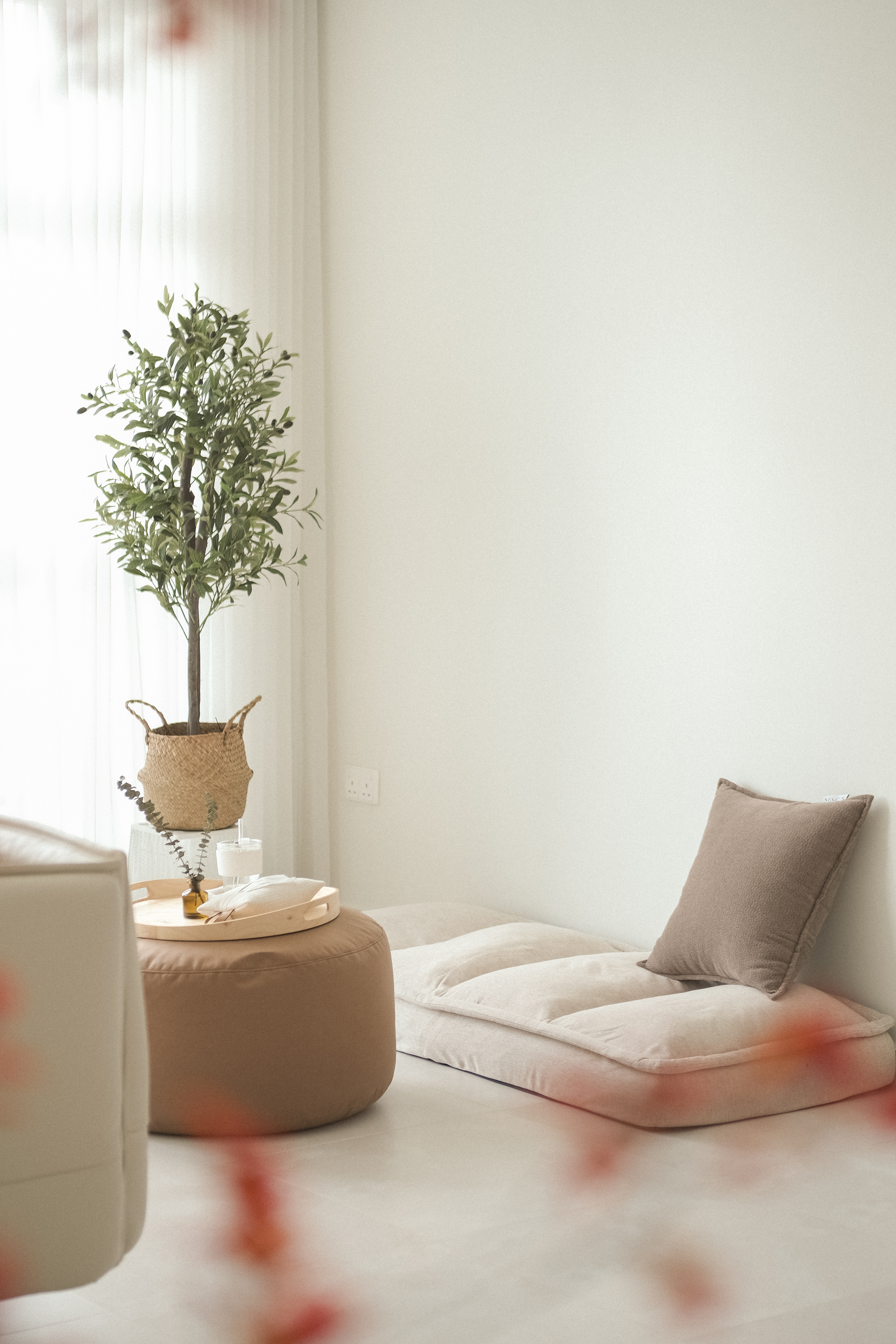 From Resale to Refined: Our $90K Functional Aesthetic HDB Makeover - Modern minimalist living room, cozy plant in woven