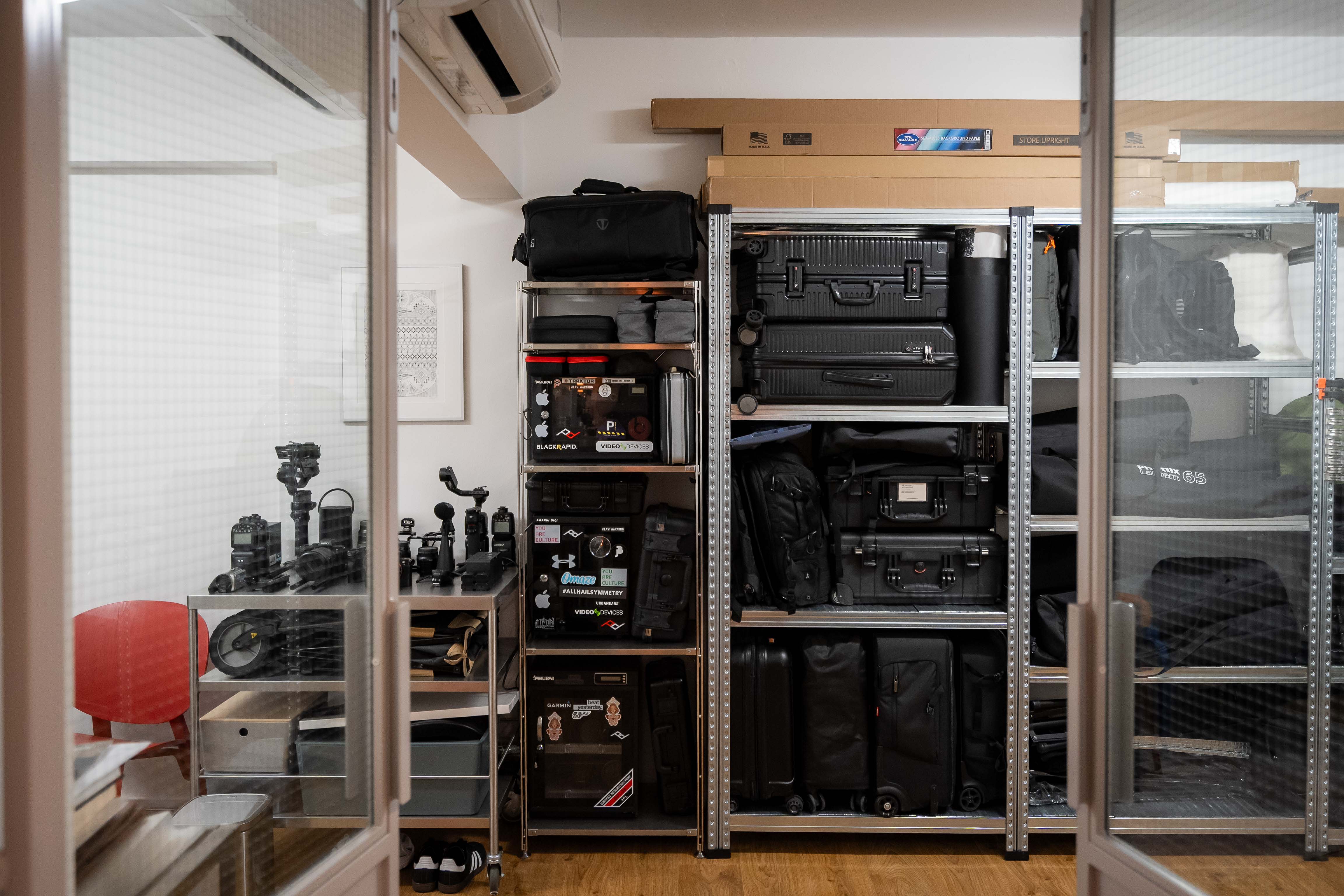 80k 4room HDB transformation: A cosy home photography studio tour! - Locker room, storage, equipment, camera gear, tripod