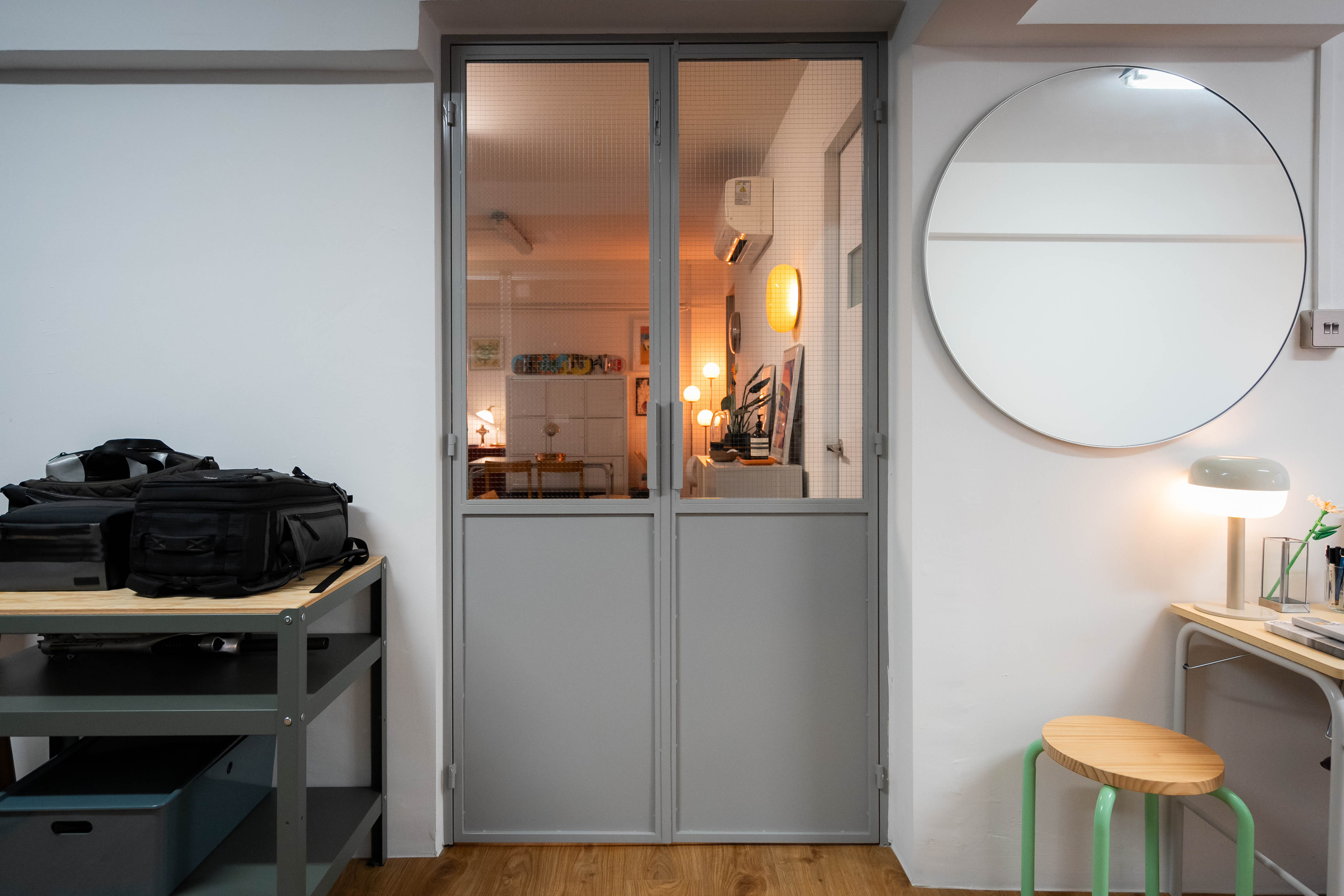 80k 4room HDB transformation: A cosy home photography studio tour! - Modern minimalist interior, gray double doors, white