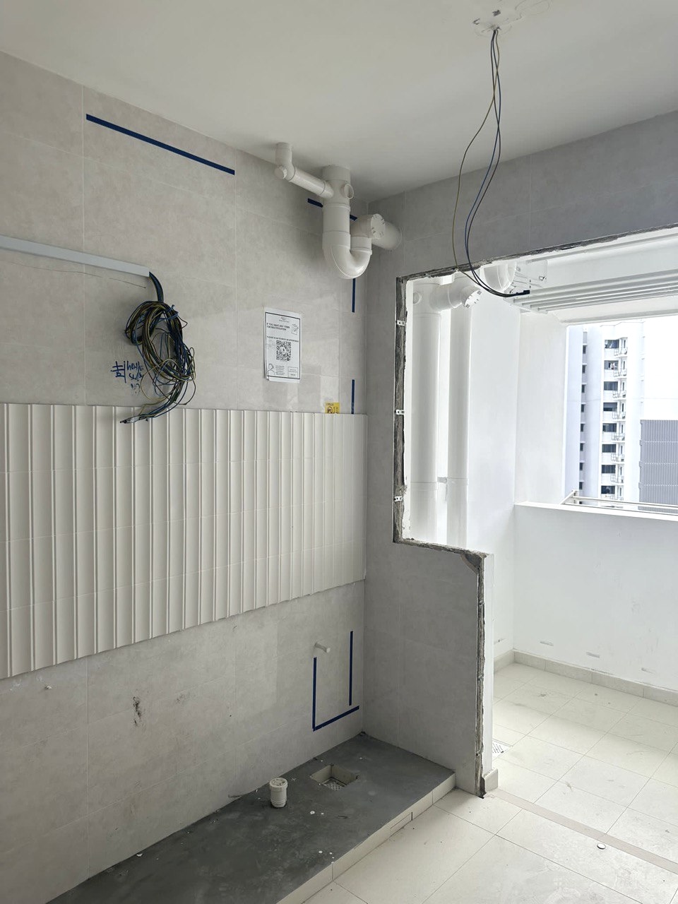 Before and after of our 40k reno! - Under-construction bathroom, unfinished walls, exposed pipes, electrical wiring, tiled