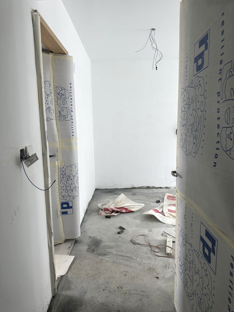 Before and after of our 40k reno! - Construction site with unfinished walls and exposed electrical wiring, Office space with