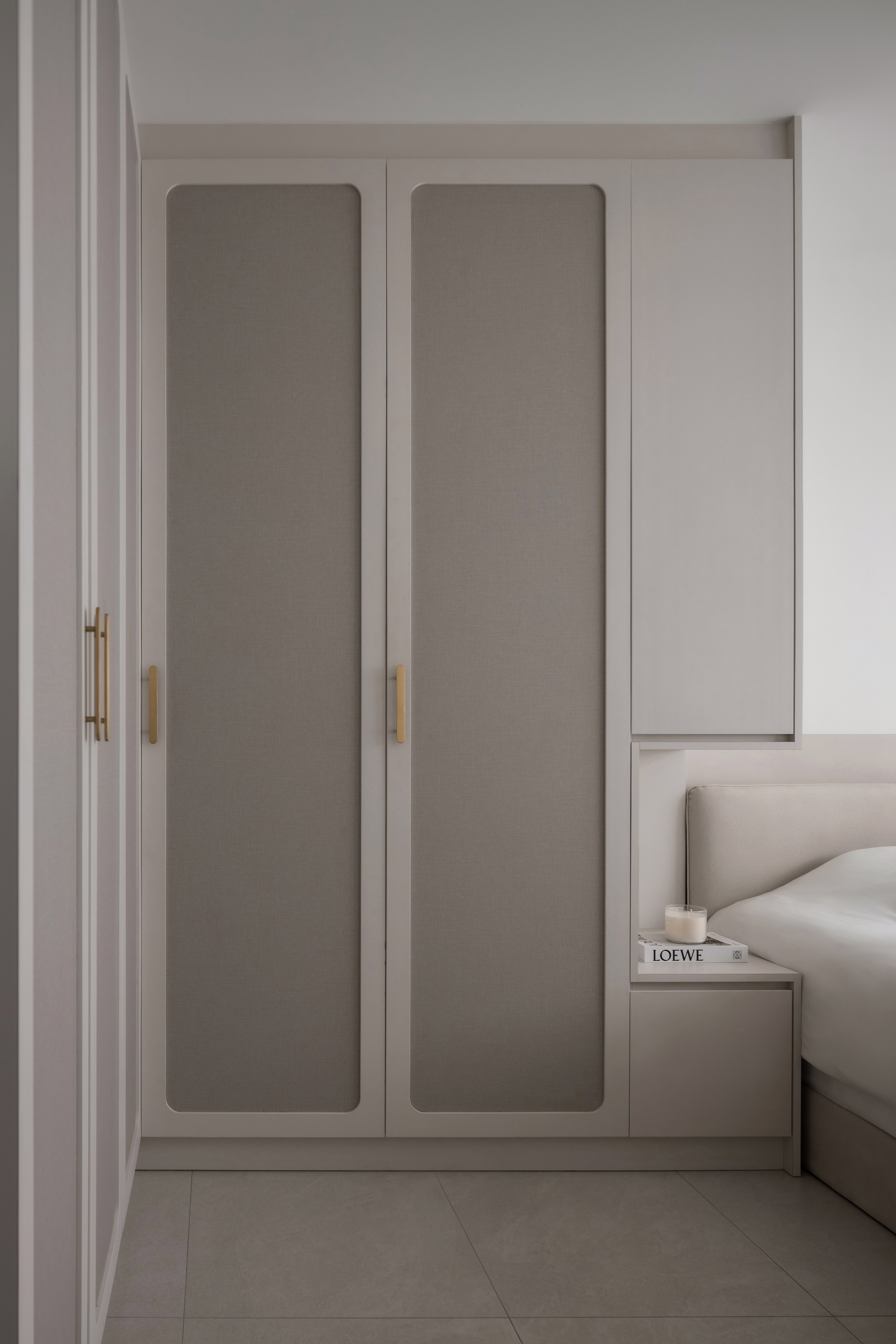 Before and after of our 40k reno! - Modern minimalist bedroom, neutral color palette, sleek wardrobe, large sliding doors