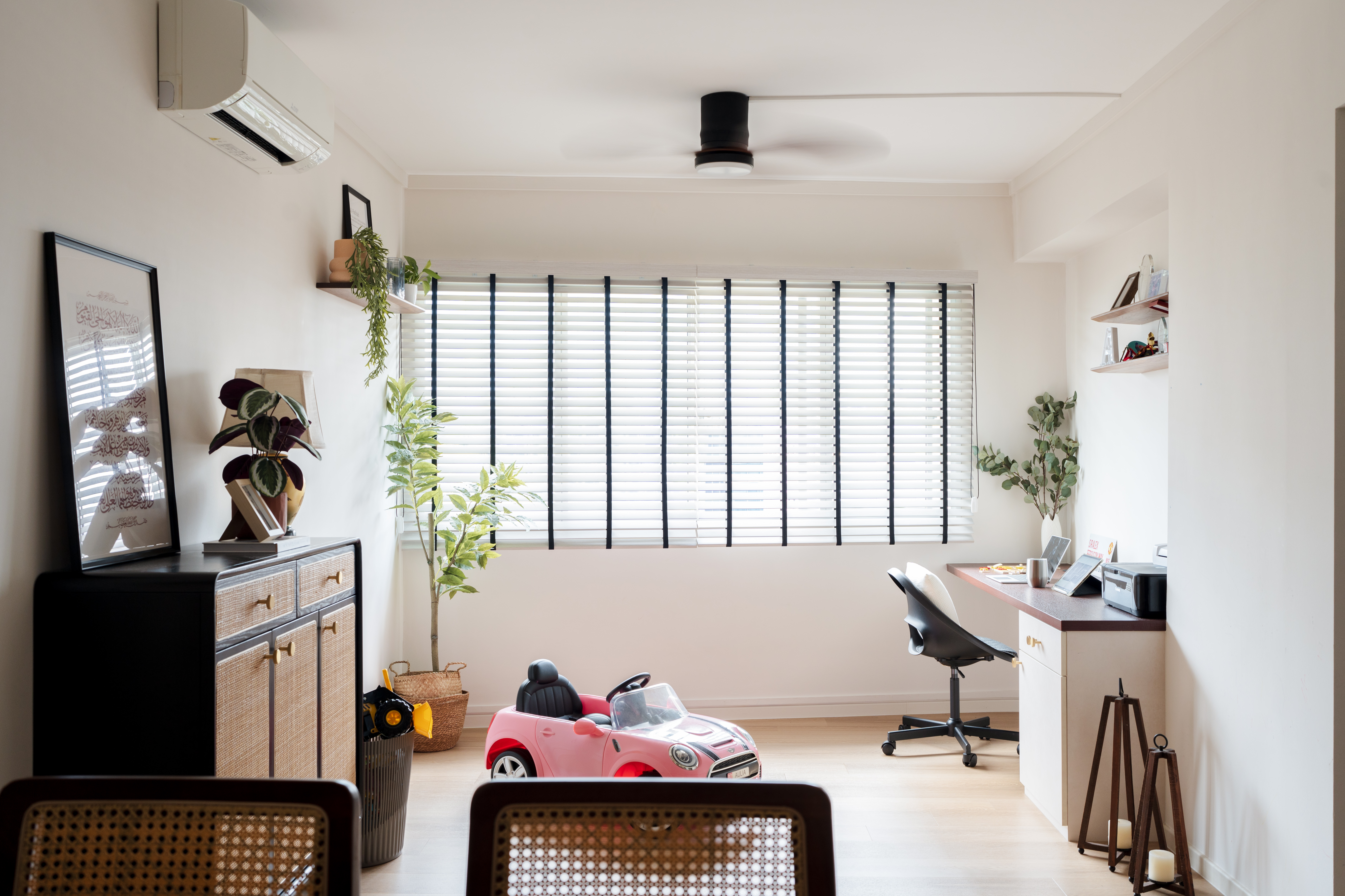 Inside Our $85k Modern Scandinavian 5-Room Resale Transformation! - Modern home office with black desk, white chair, and