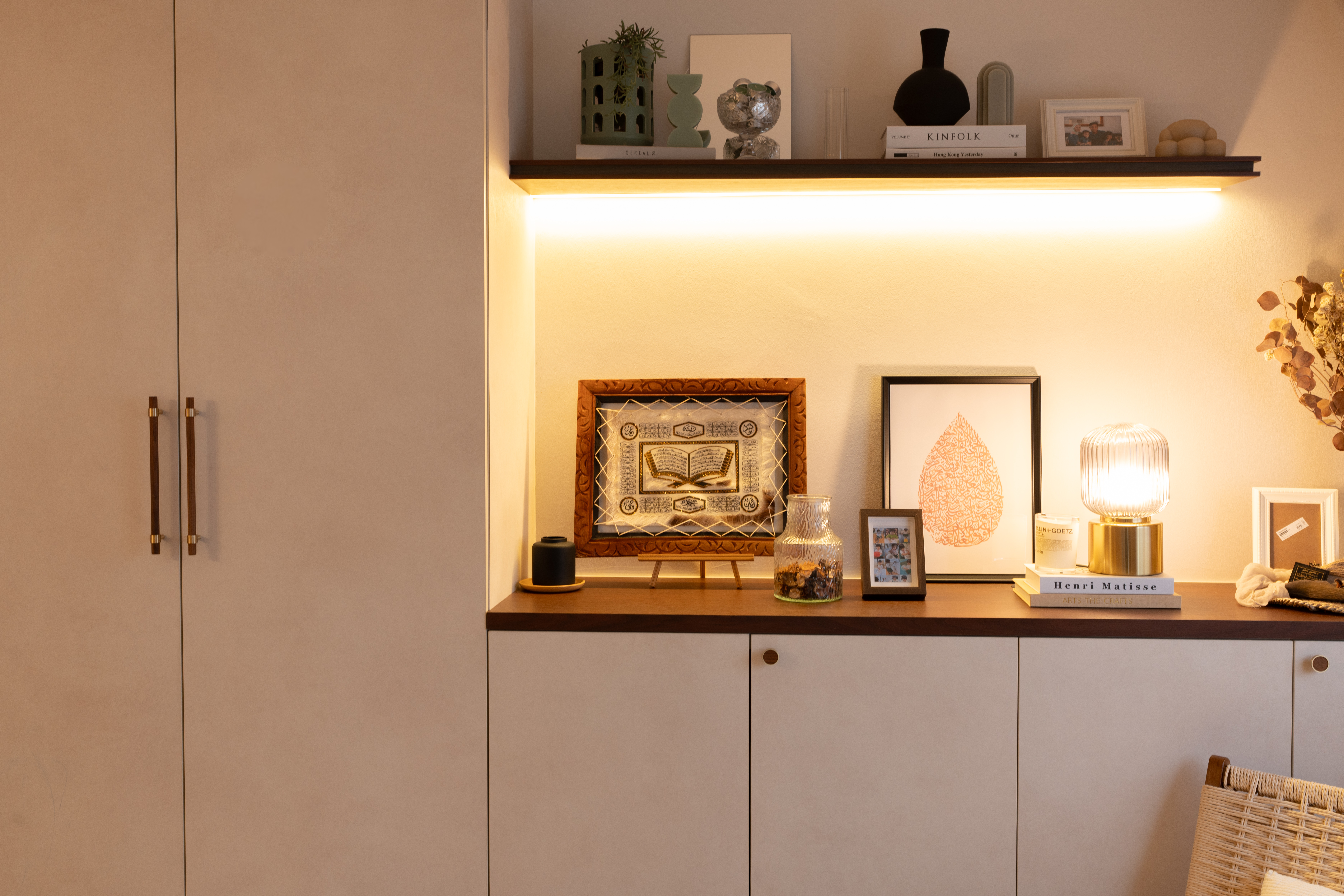 Inside Our $85k Modern Scandinavian 5-Room Resale Transformation! - Shelf with various decorative items, beige cabinet with