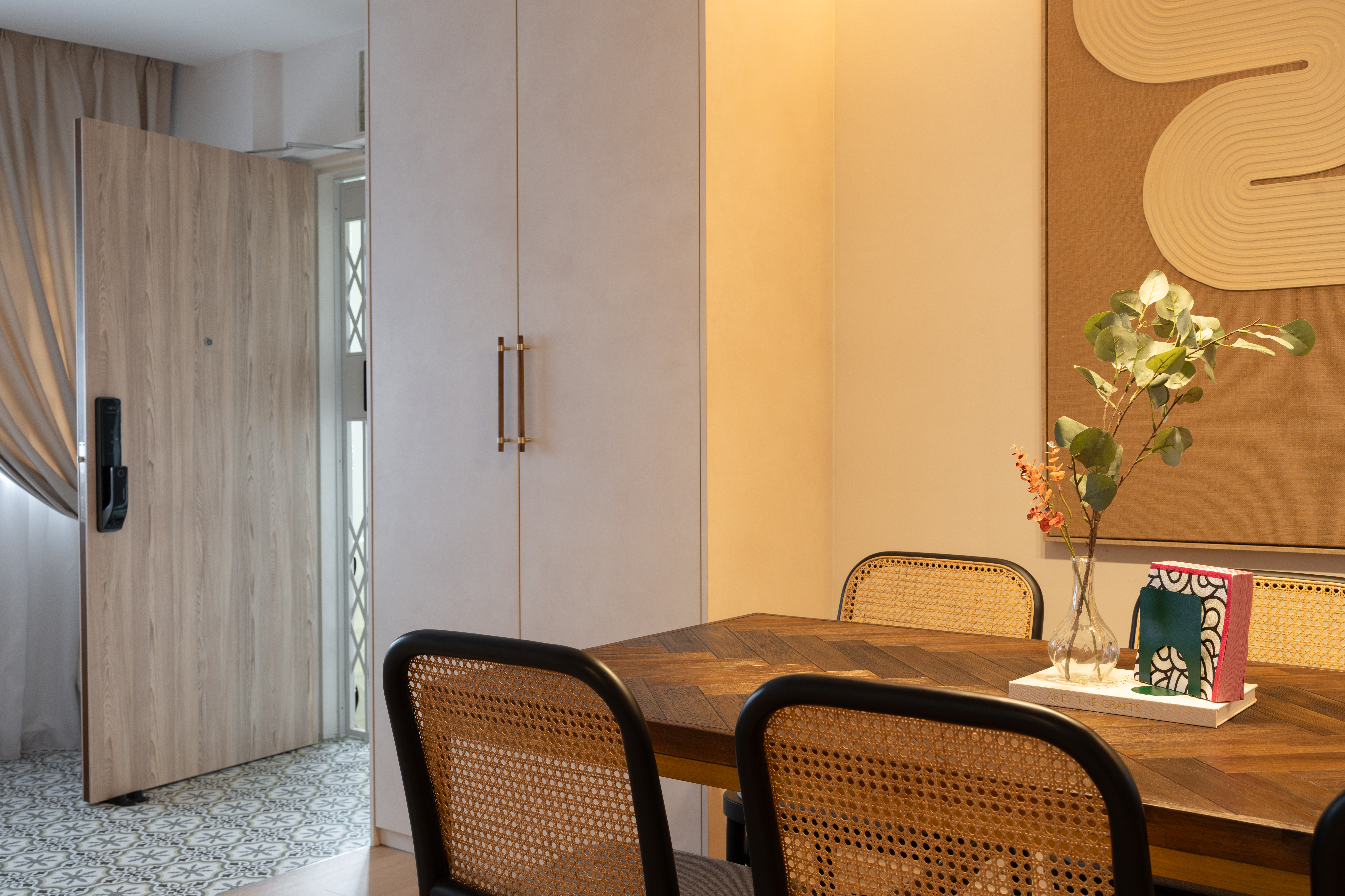 Inside Our $85k Modern Scandinavian 5-Room Resale Transformation! - Wooden door, beige curtains, modern furniture, wooden