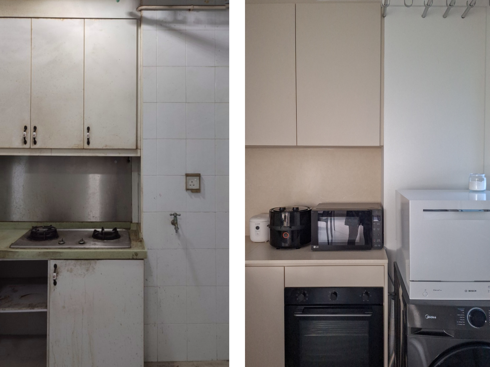 Before & After: Opening up the kitchen - Kitchen with dirty cabinets, gas stove, and grime-covered countertops. Wall-mounted