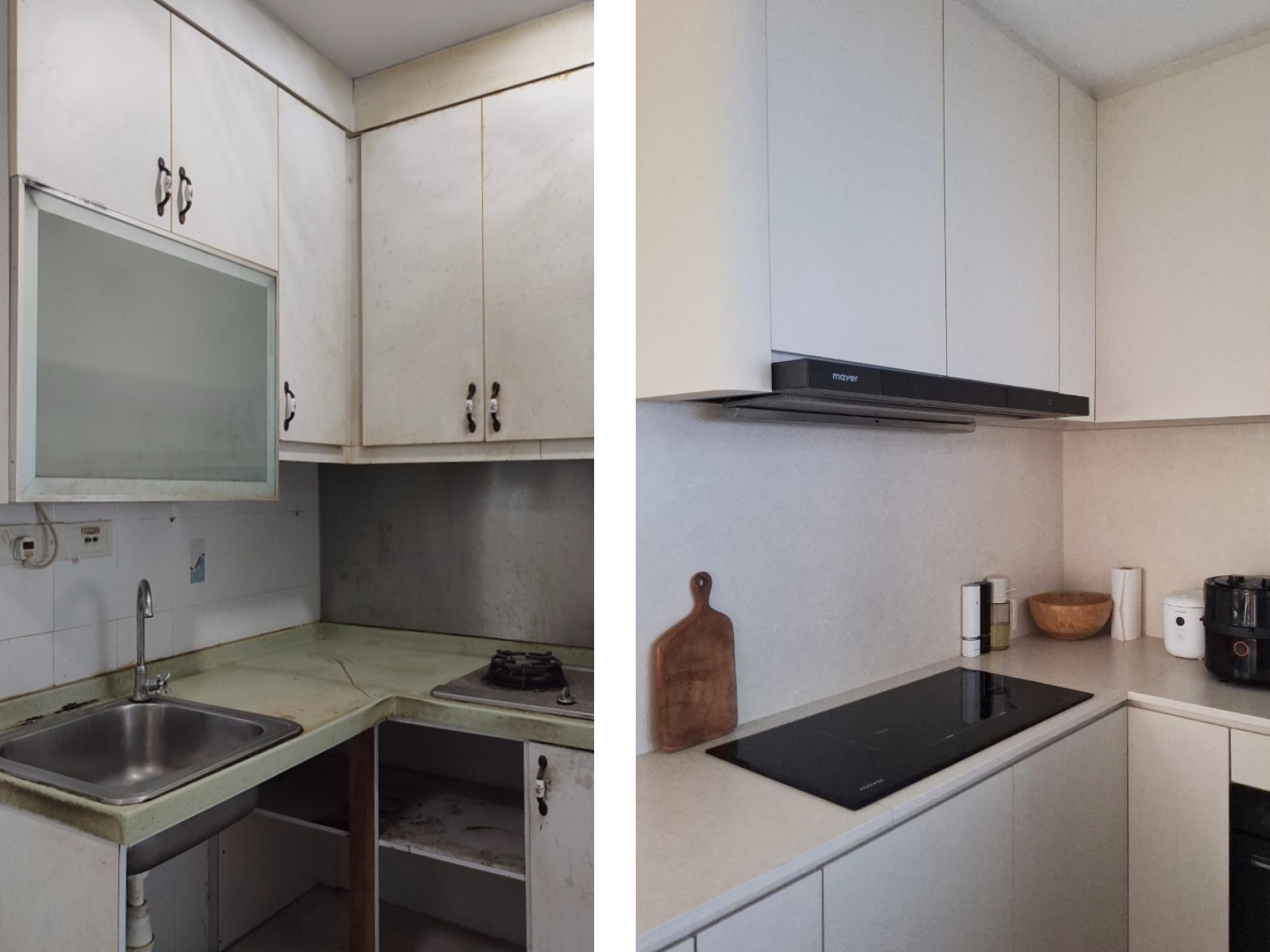 Before & After: Opening up the kitchen - White kitchen cabinets, stainless steel sink, black stove, wooden cutting board