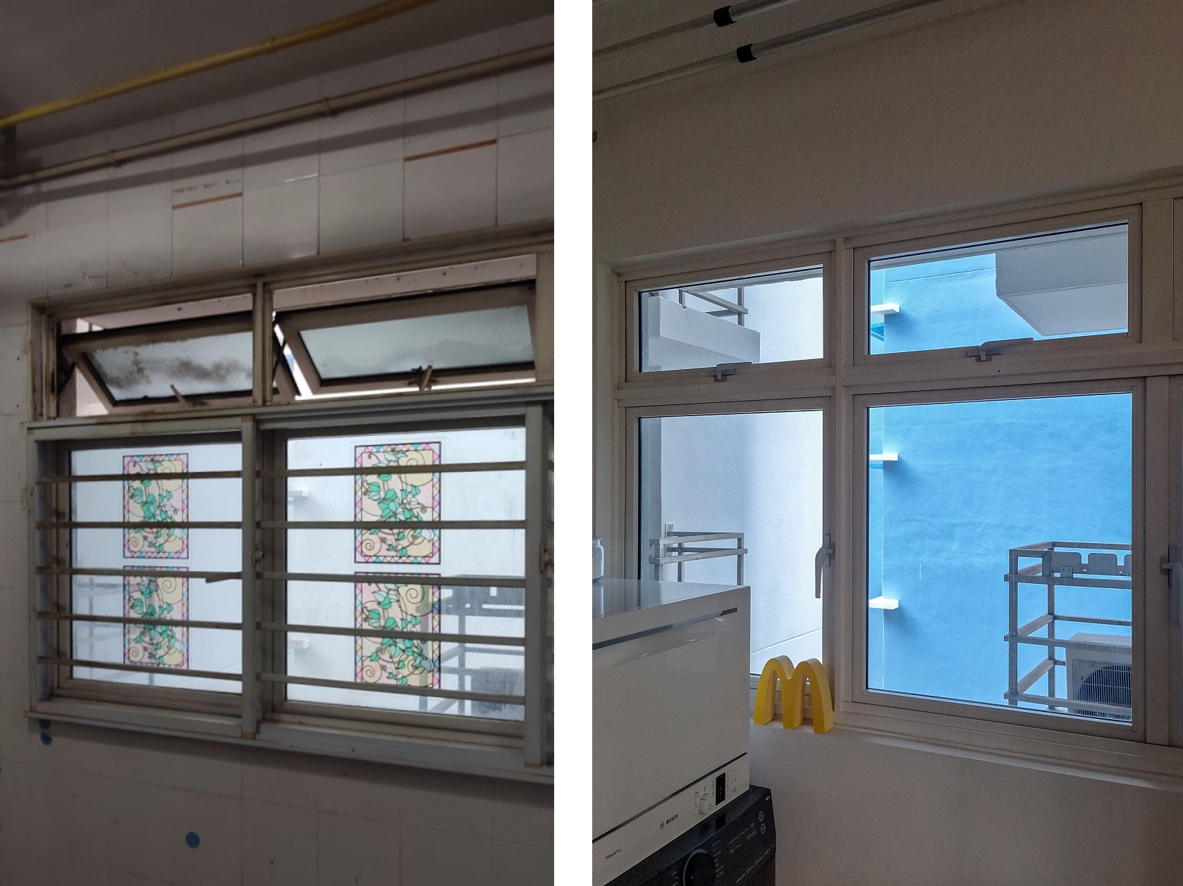 Before & After: Opening up the kitchen - Interior view of a room with a large window, Windows with decorative stained glass