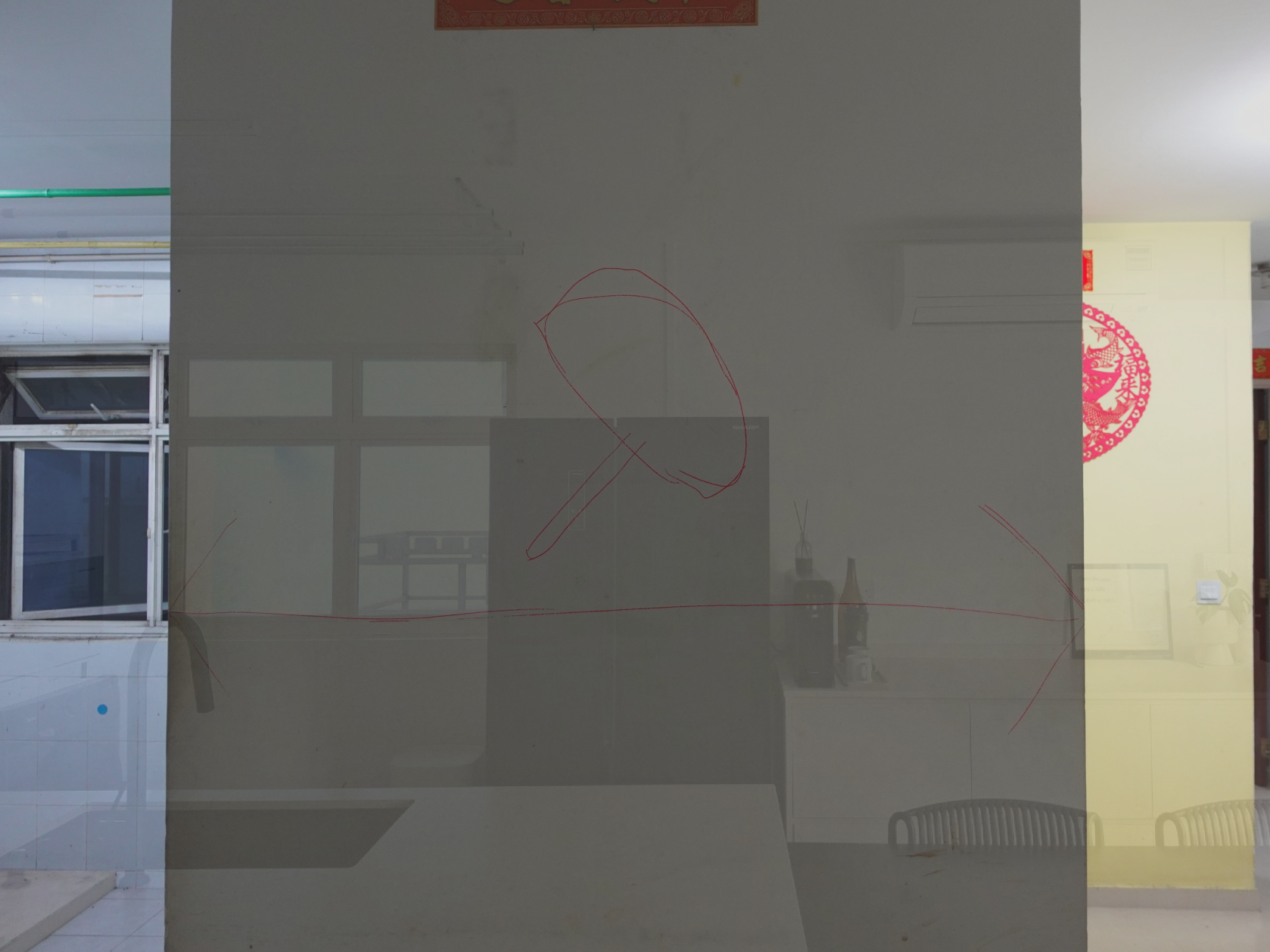 Before & After: Opening up the kitchen - Office space with large windows and a red-framed picture, Red lines on a white wall