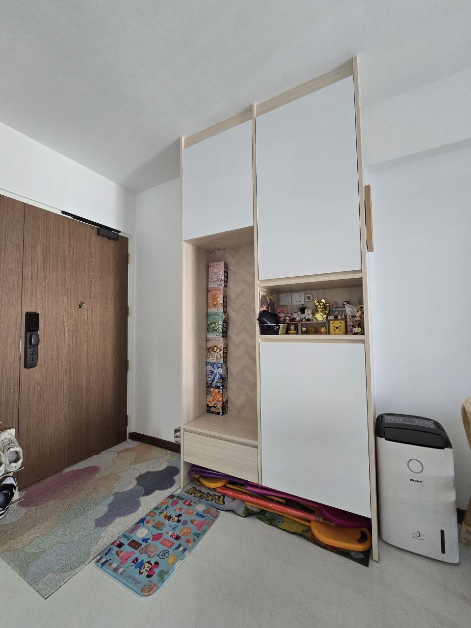 $18,000 Basic Scandinavian BTO in North - Wooden wardrobe, open shelves, colorful boxes, decorative items, small figurines