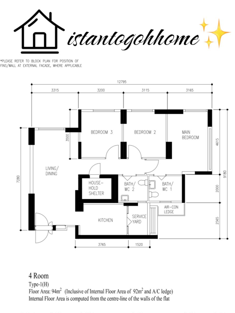 $18,000 Basic Scandinavian BTO in North - 4 Room, Type-1 (H), Floor Area: 94m² (Including Internal Floor Area of 92m² and A/C
