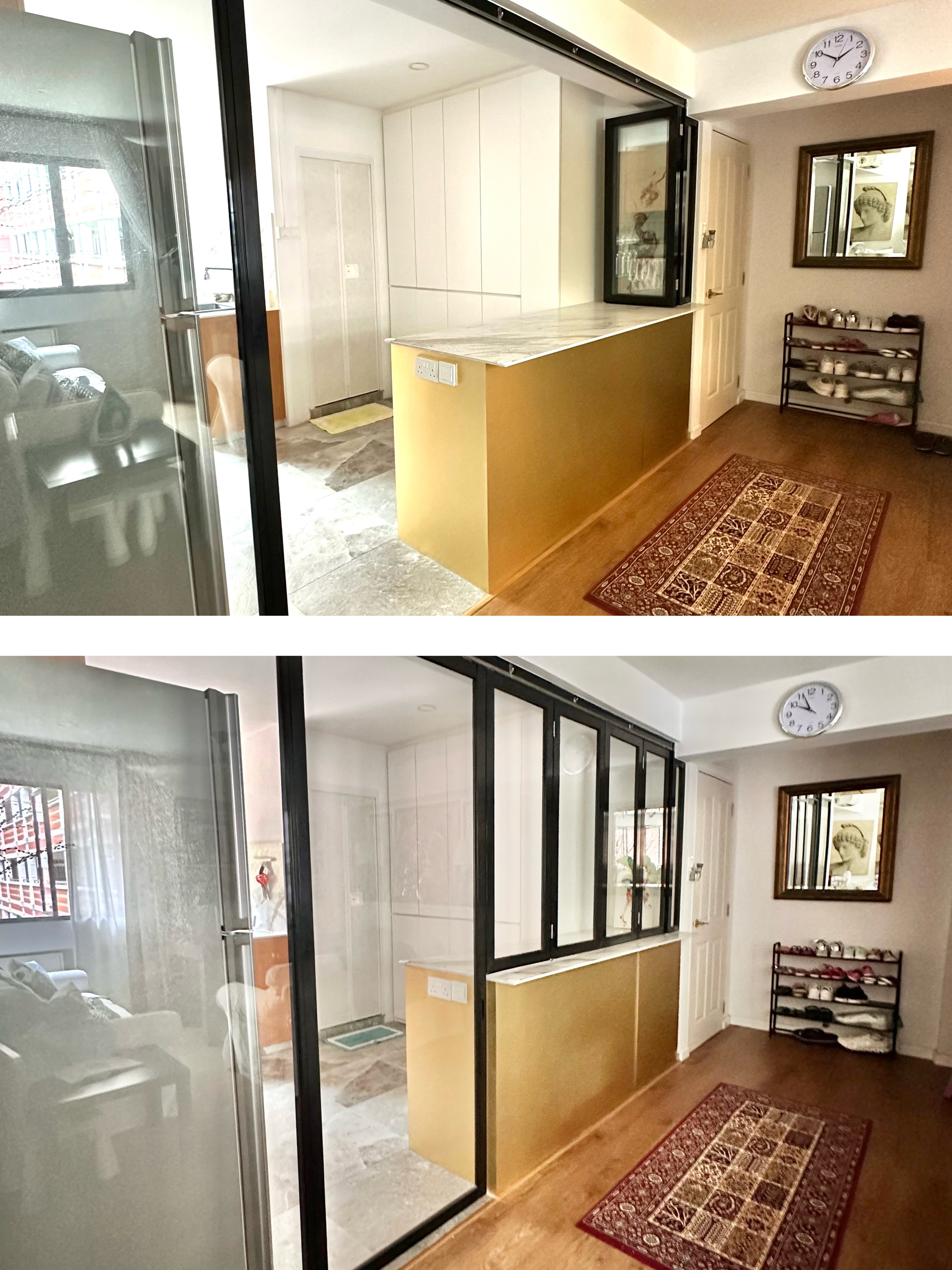 Step Inside Our Maximalist 5-Rm Resale Flat in Tiong Bahru - Glass door entrance, modern kitchen, yellow countertop, white