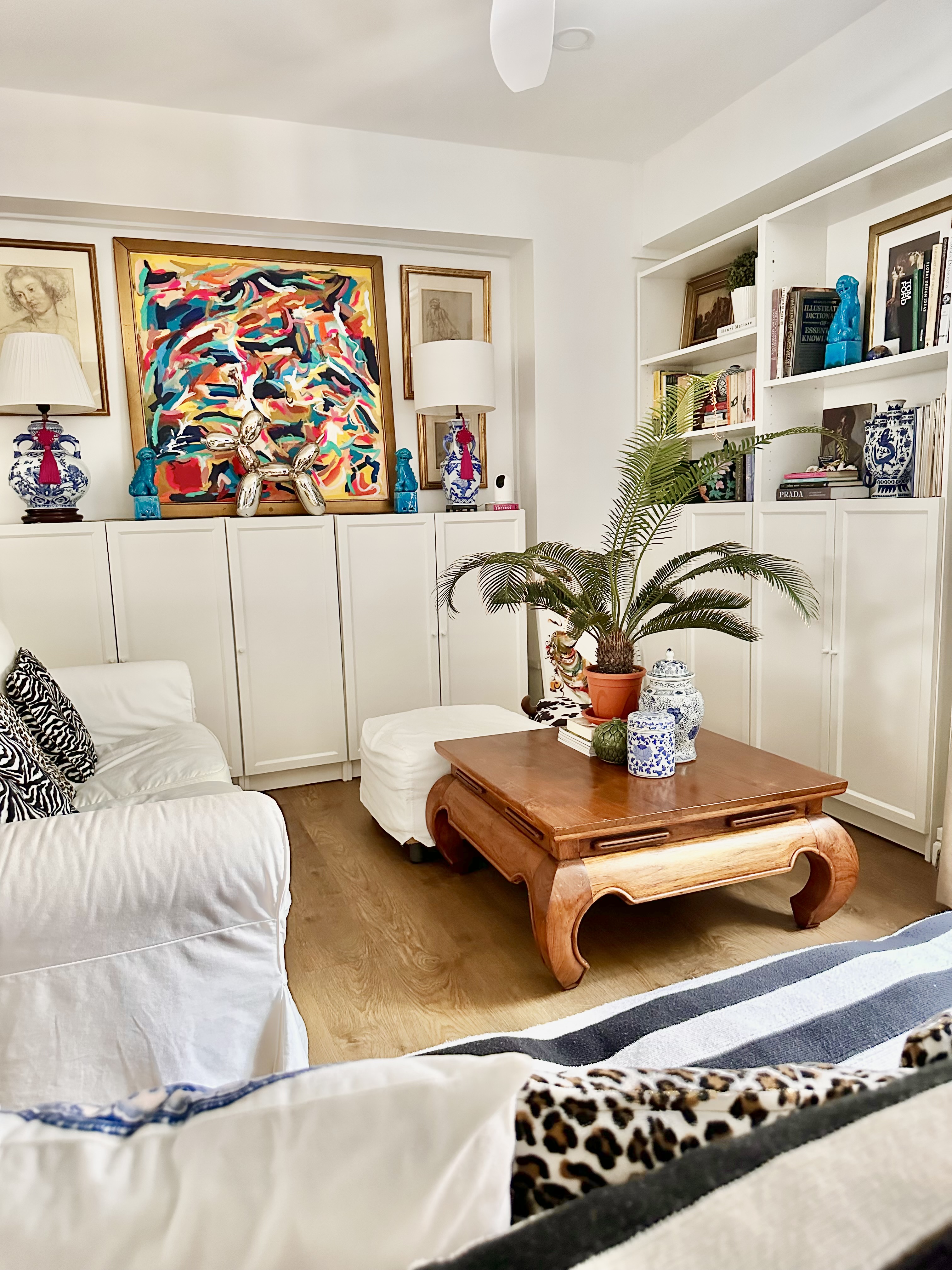 Step Inside Our Maximalist 5-Rm Resale Flat in Tiong Bahru - White modern living room, colorful abstract painting, white