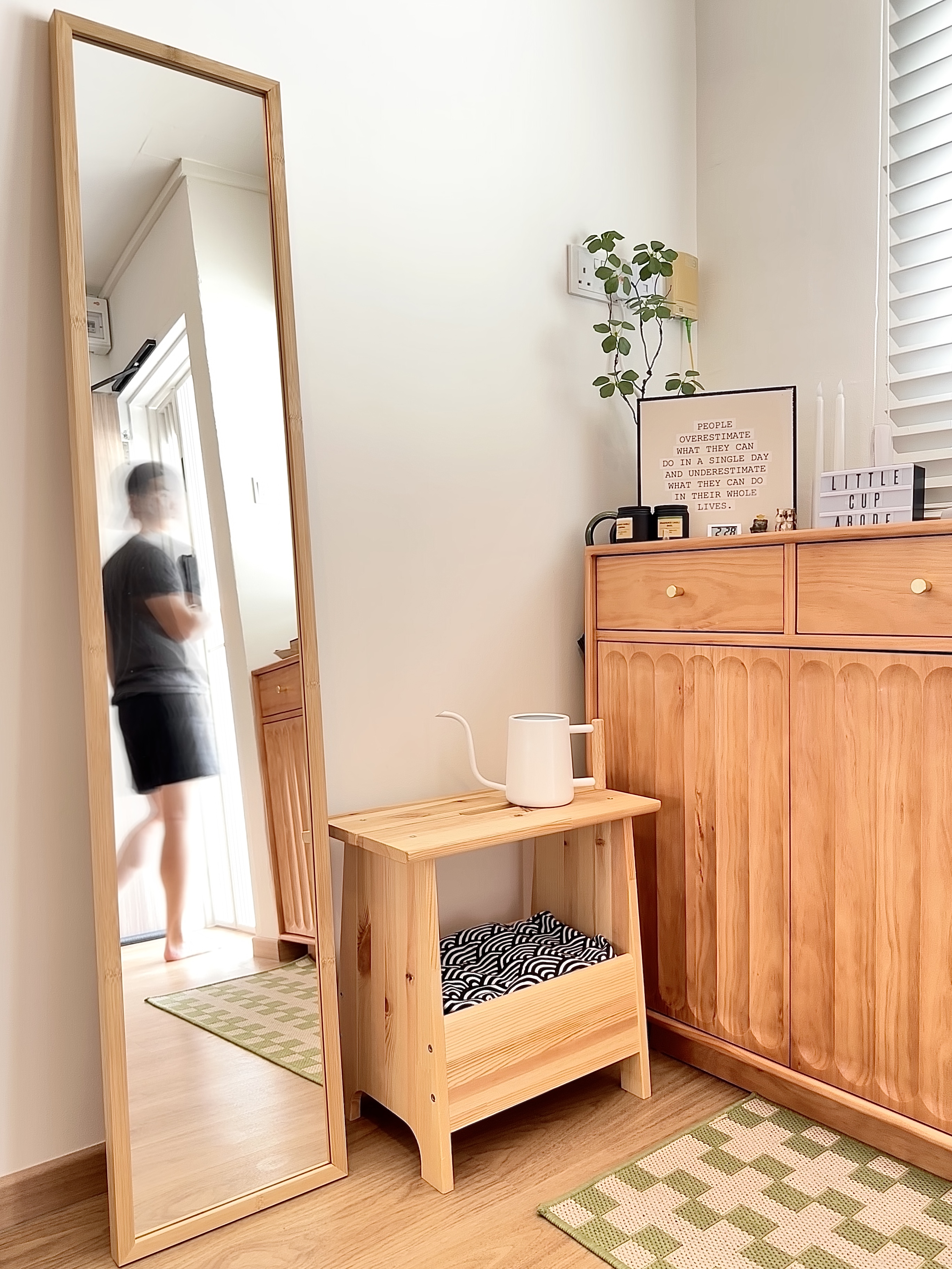 A Bright & Inviting Japandi-Inspired Entryway with No Built-ins!  - Wooden-framed mirror, minimalist interior, wooden