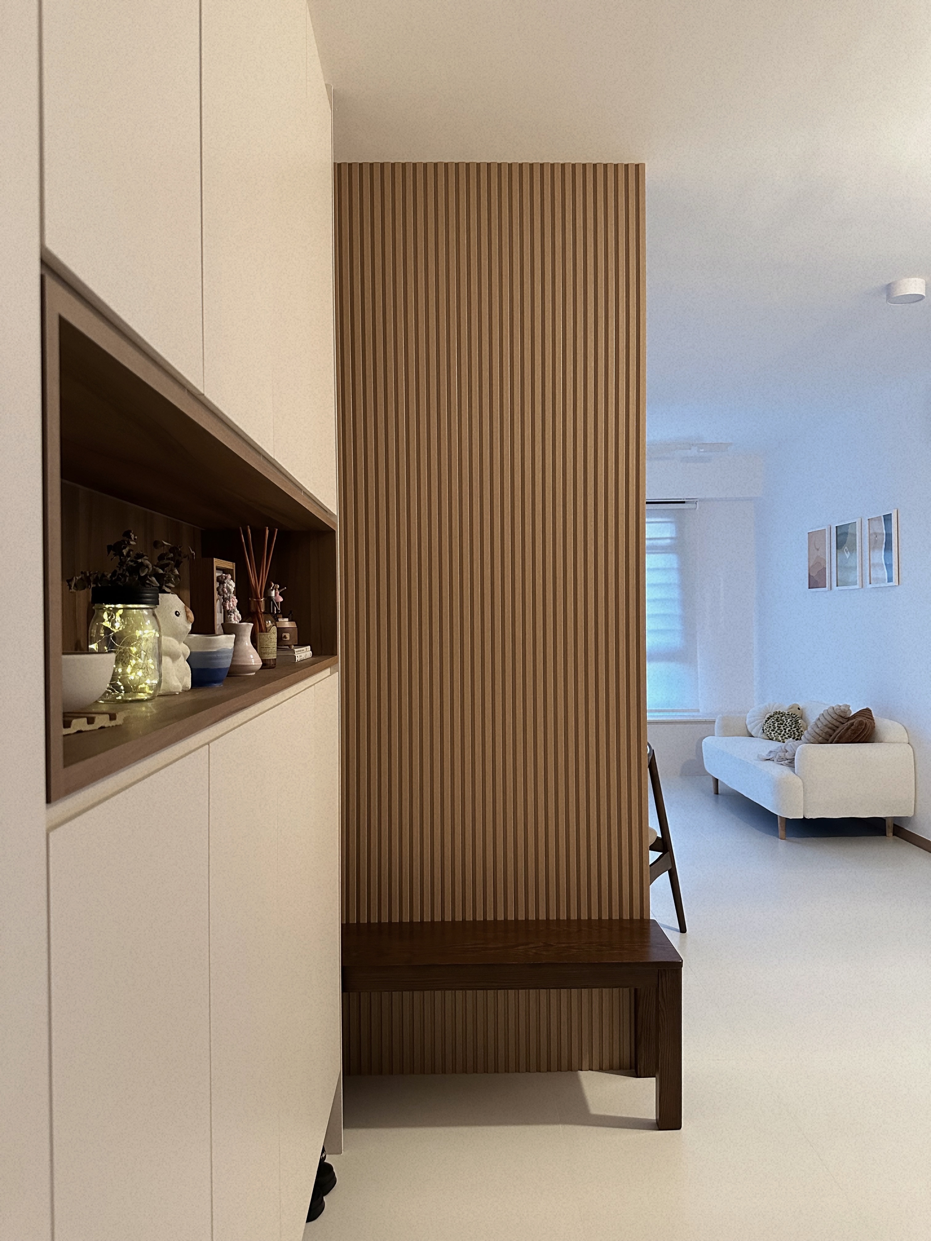 Living Simply, Loving Deeply | Sengkang 4 Room HDB Resale - Wooden shelves, minimalist design, vertical stripes, modern
