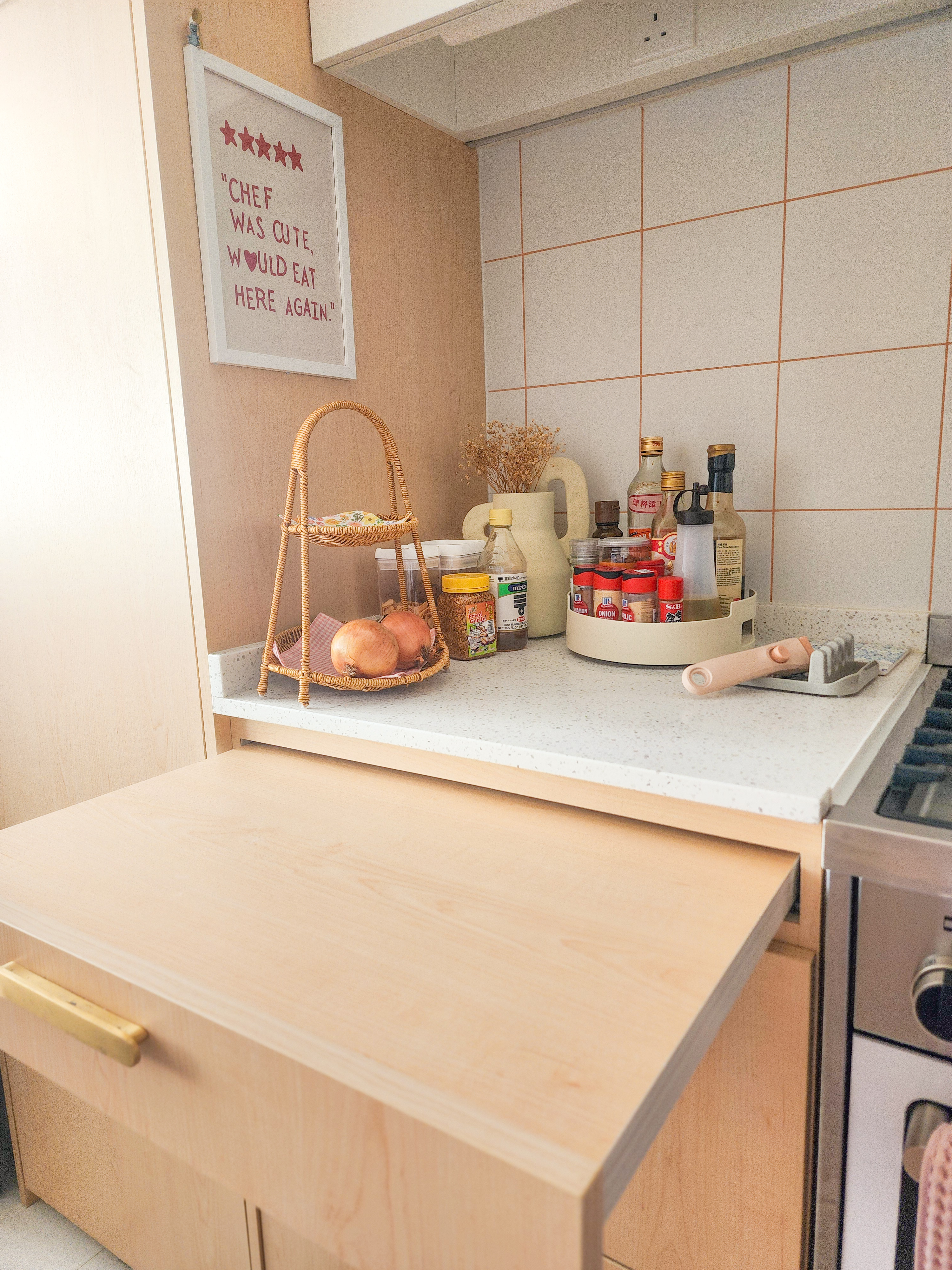 Step inside a chef's kitchen - closed concept, functional & aesthetic - Wooden kitchen countertop, light wooden cabinets