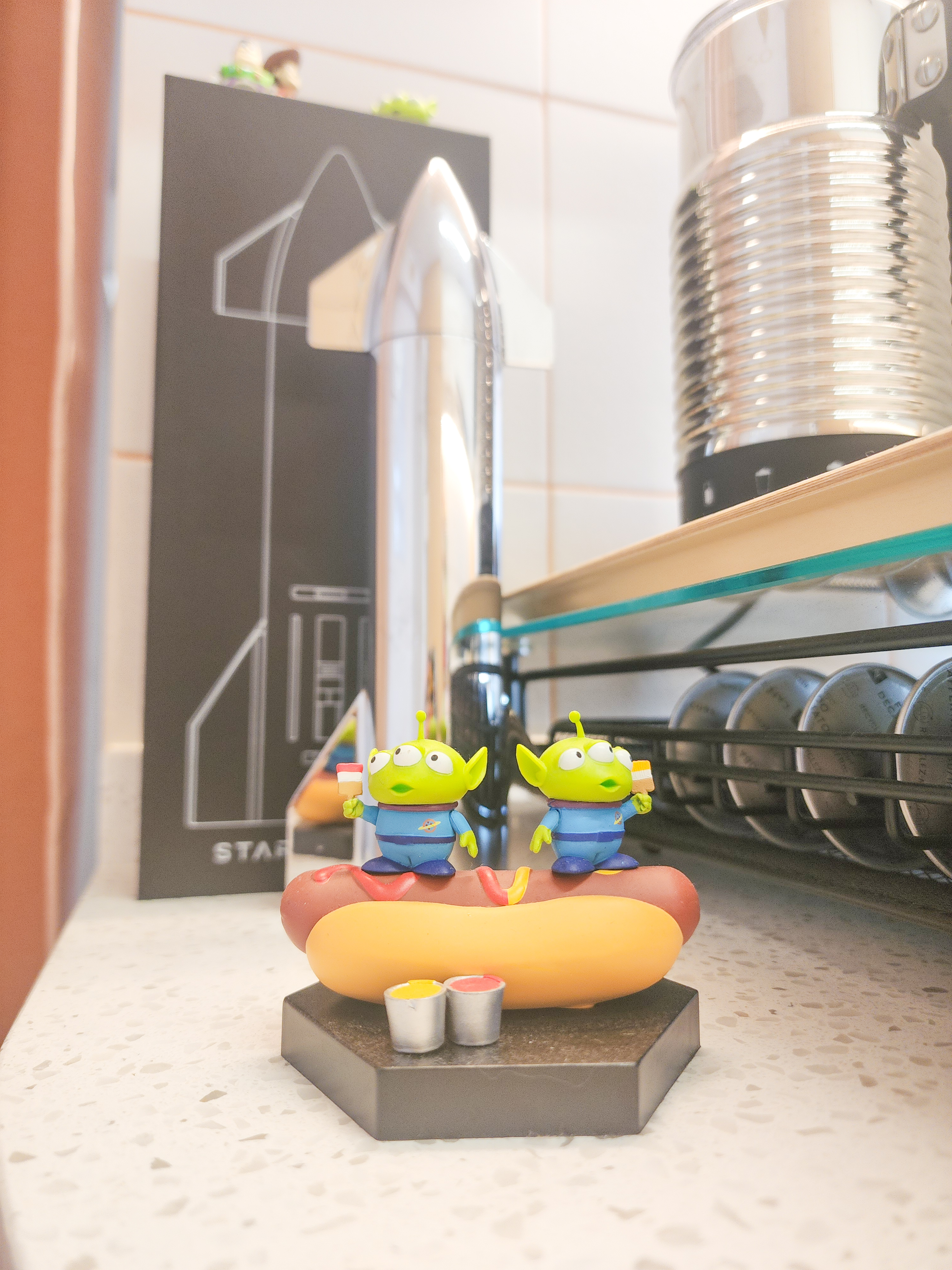 Step inside a chef's kitchen - closed concept, functional & aesthetic - Alien toys, hot dog, kitchen counter, toy food, toy