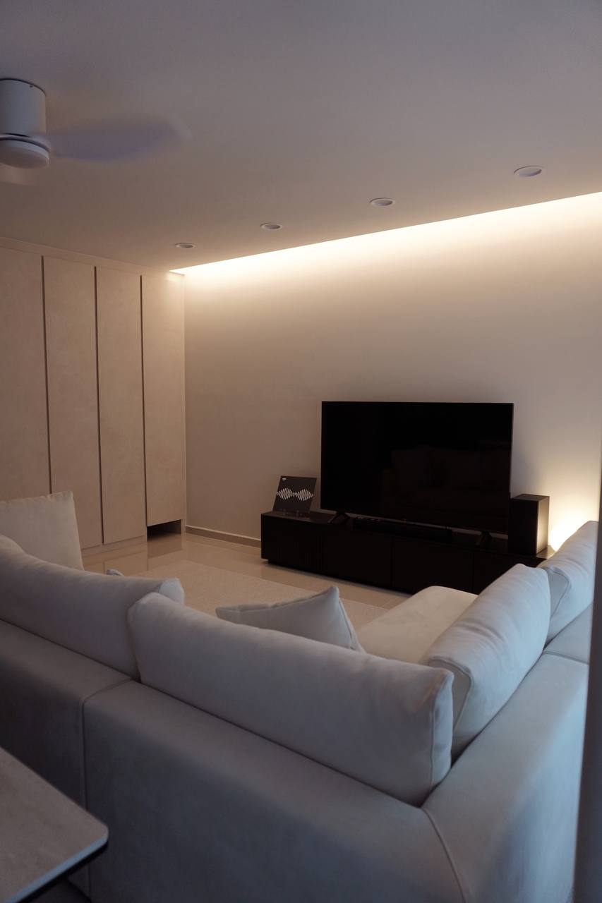 $34k 5-Room BTO House Tour in Tengah | Cosy, Minimalist - Modern living room with sleek design, minimalist decor, neutral