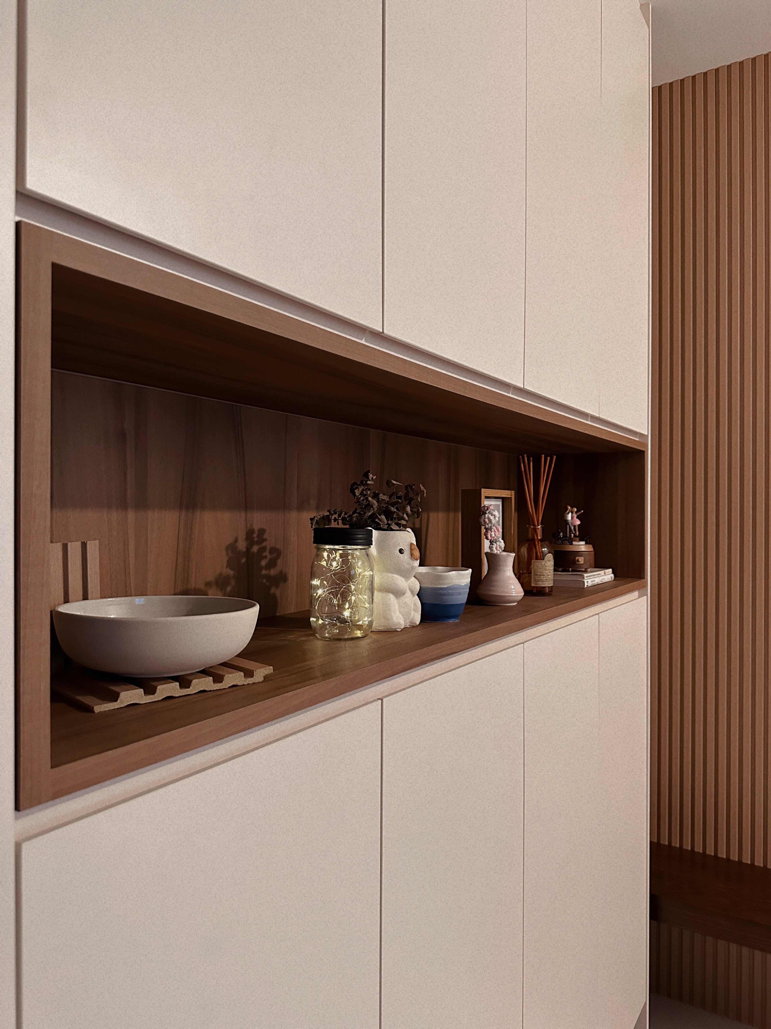Our Entryway: A Functional Transit Space & Storage Haven - Wooden shelf, minimalist design, modern kitchen, white cabinets
