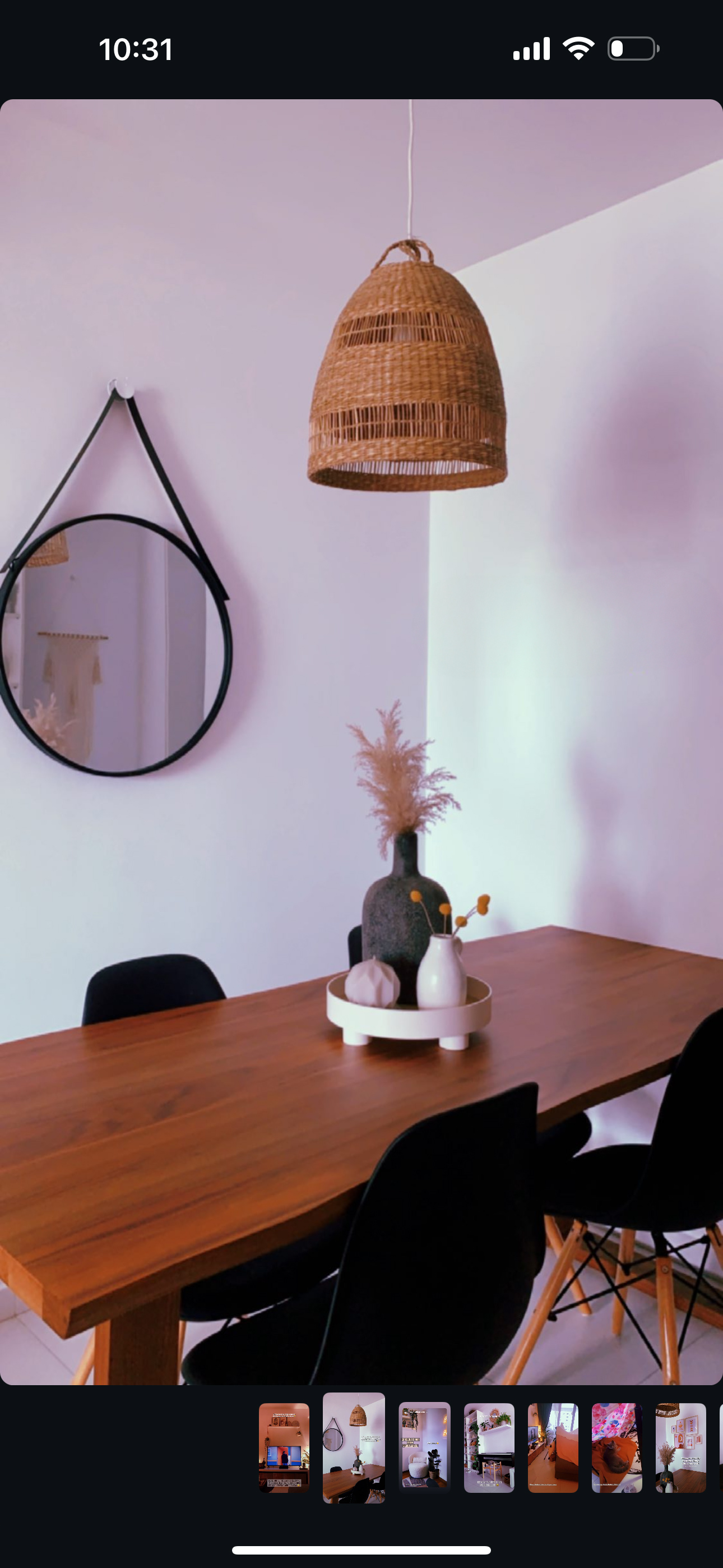 Before & After: Changing Our Dining Room Vibes One Item At A Time  - Modern minimalist dining room with wicker pendant light