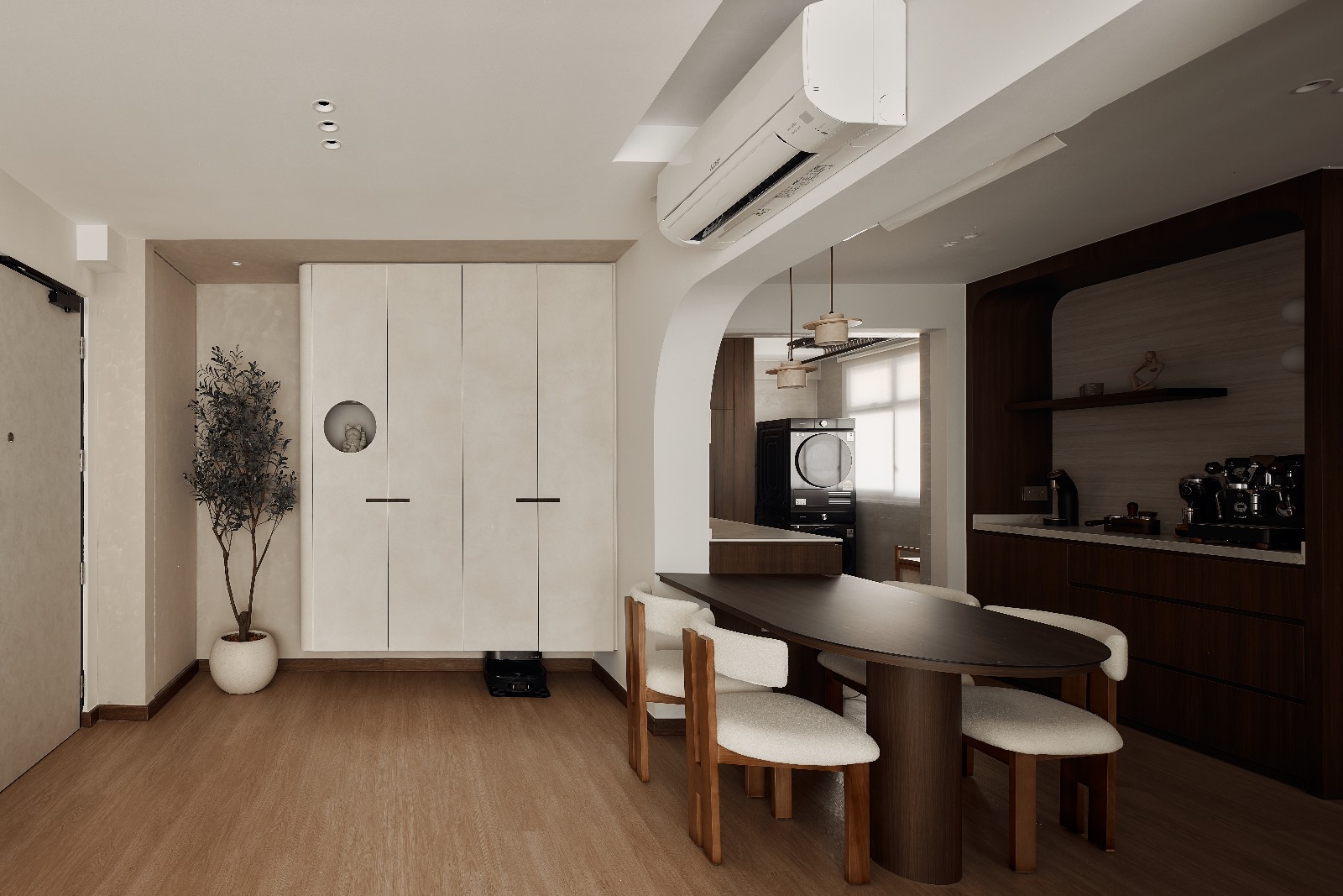 Our Cosy Entryway: Limewashed with practical storage solutions - Modern kitchen with minimalist design, beige cabinets