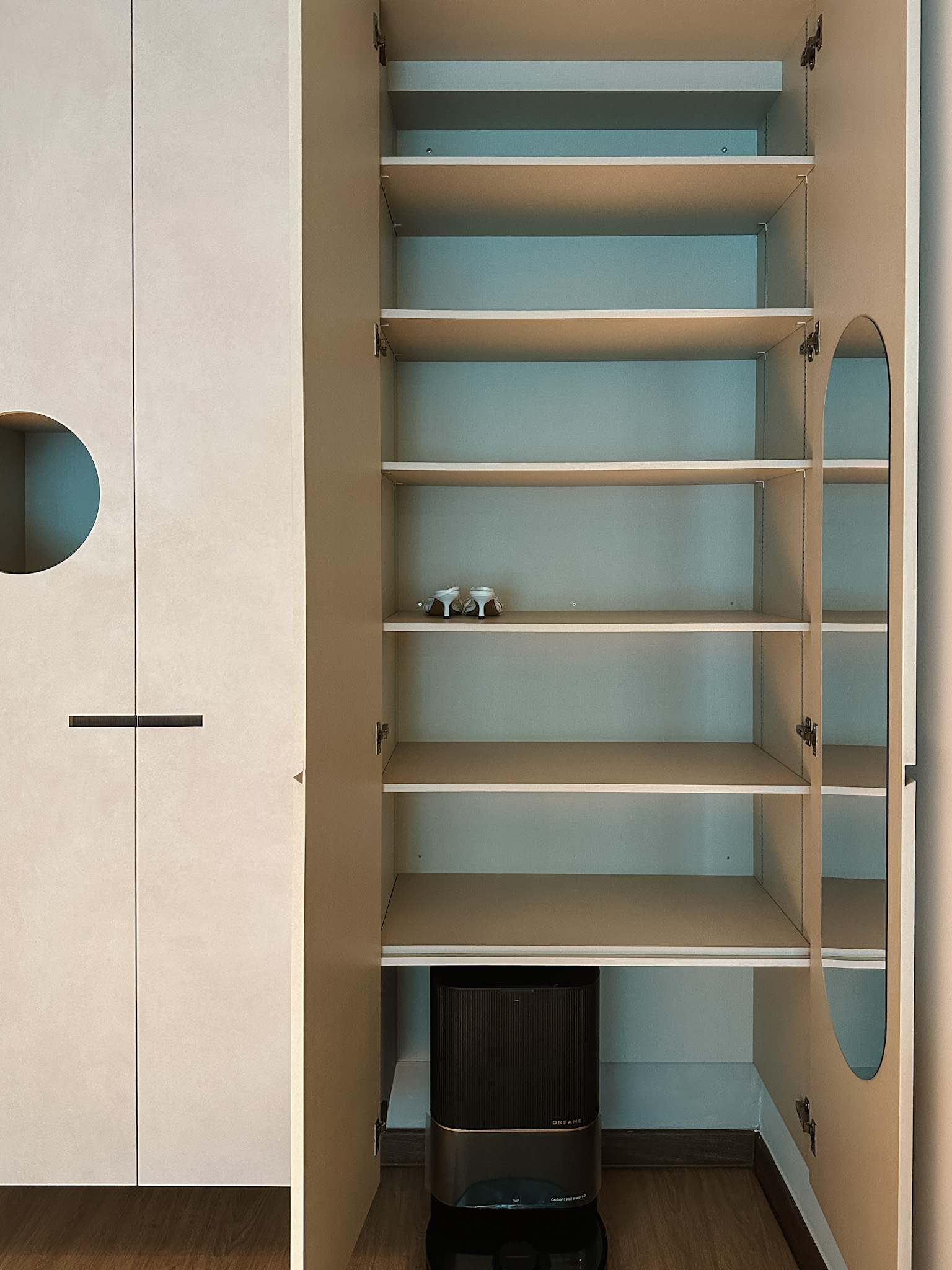 Our Cosy Entryway: Limewashed with practical storage solutions - Empty cabinet with shelves, minimalist design, beige and