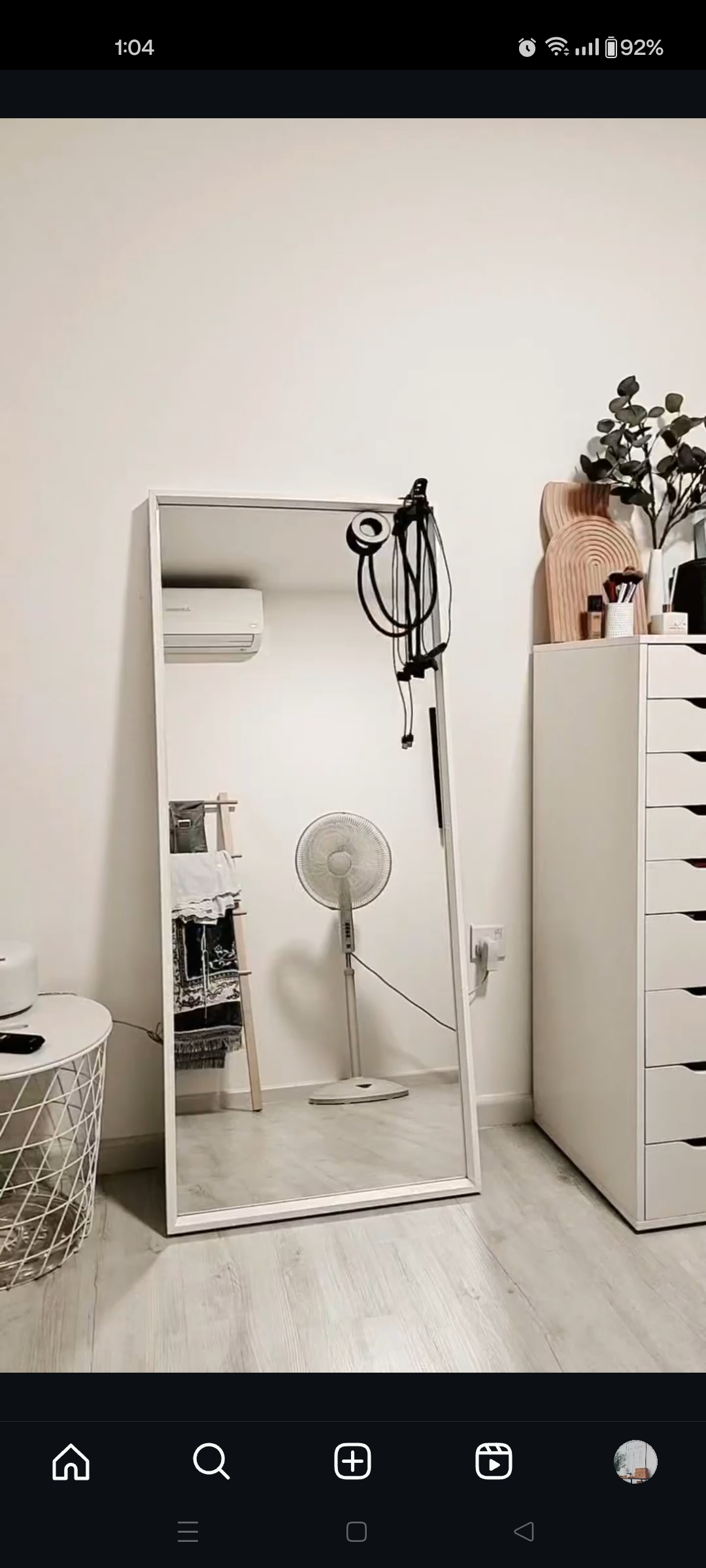 Wind down in our all white bedroom 🤍 - Mirror, room, white walls, minimalist decor, wardrobe, fan, air conditioner, wooden