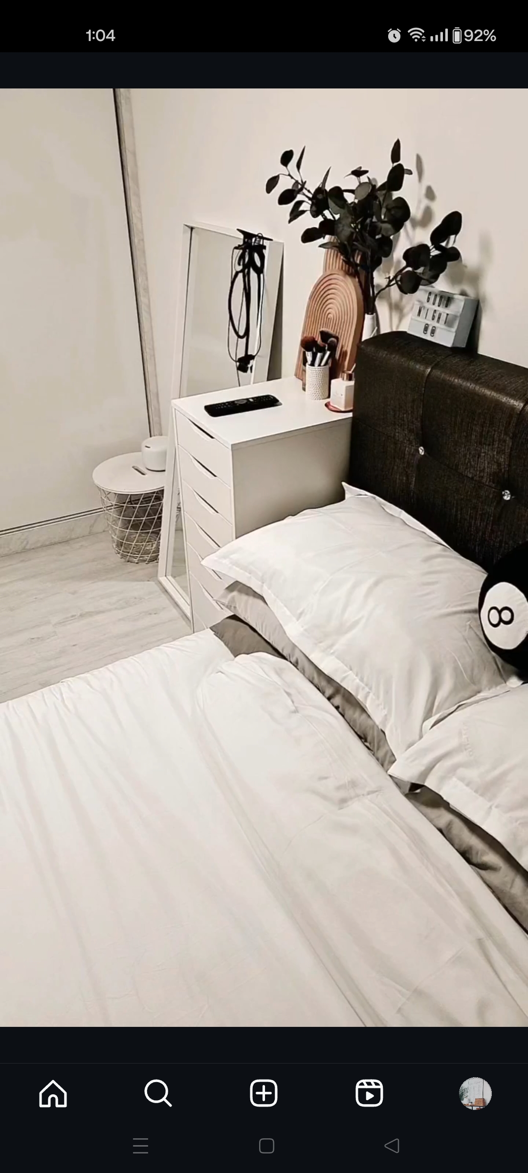 Wind down in our all white bedroom 🤍 - Modern bedroom decor, Minimalist furniture design, White bedding and pillows, Black